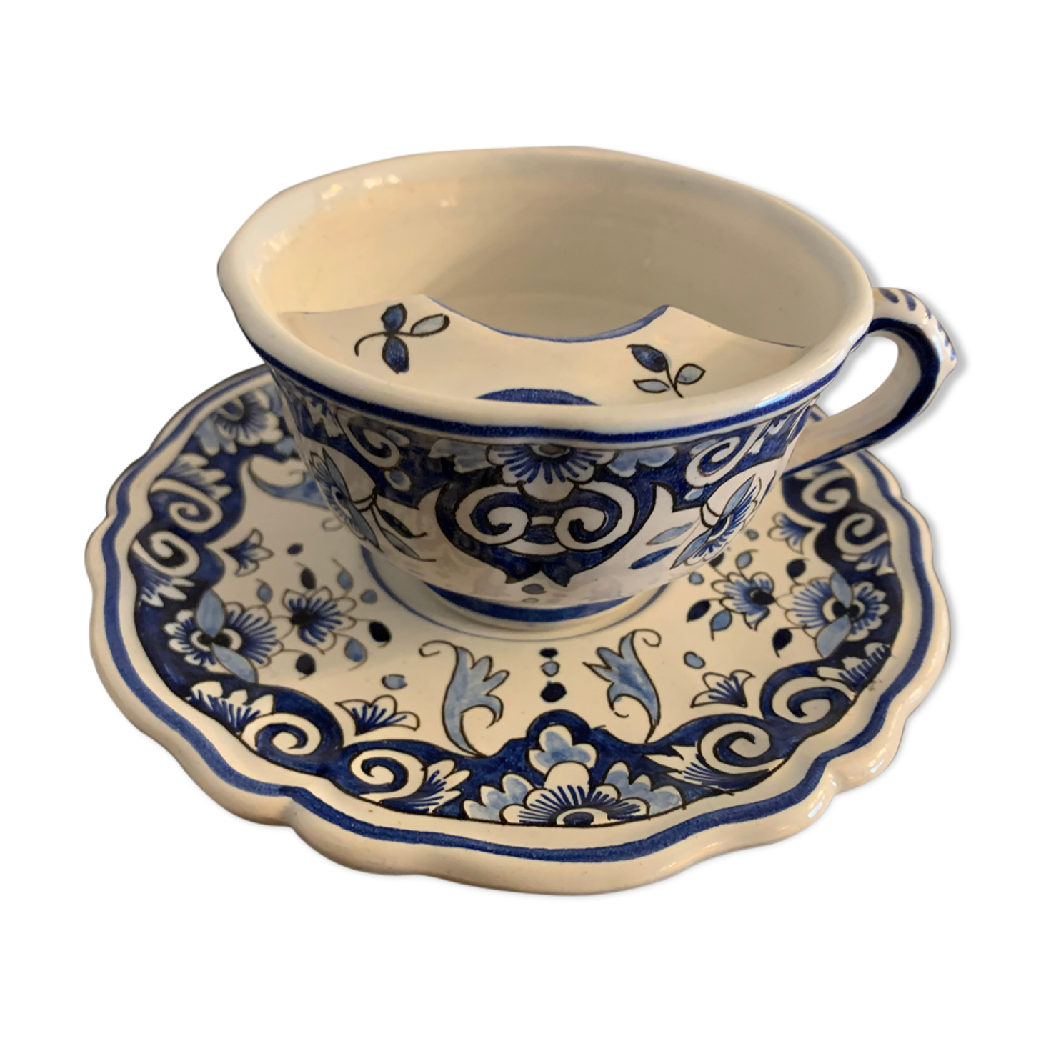 Old mustache cup and its under cup, Rouen earthenware