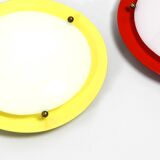 Three round 1950s wall or ceiling lamps made of metal and plexiglass shades