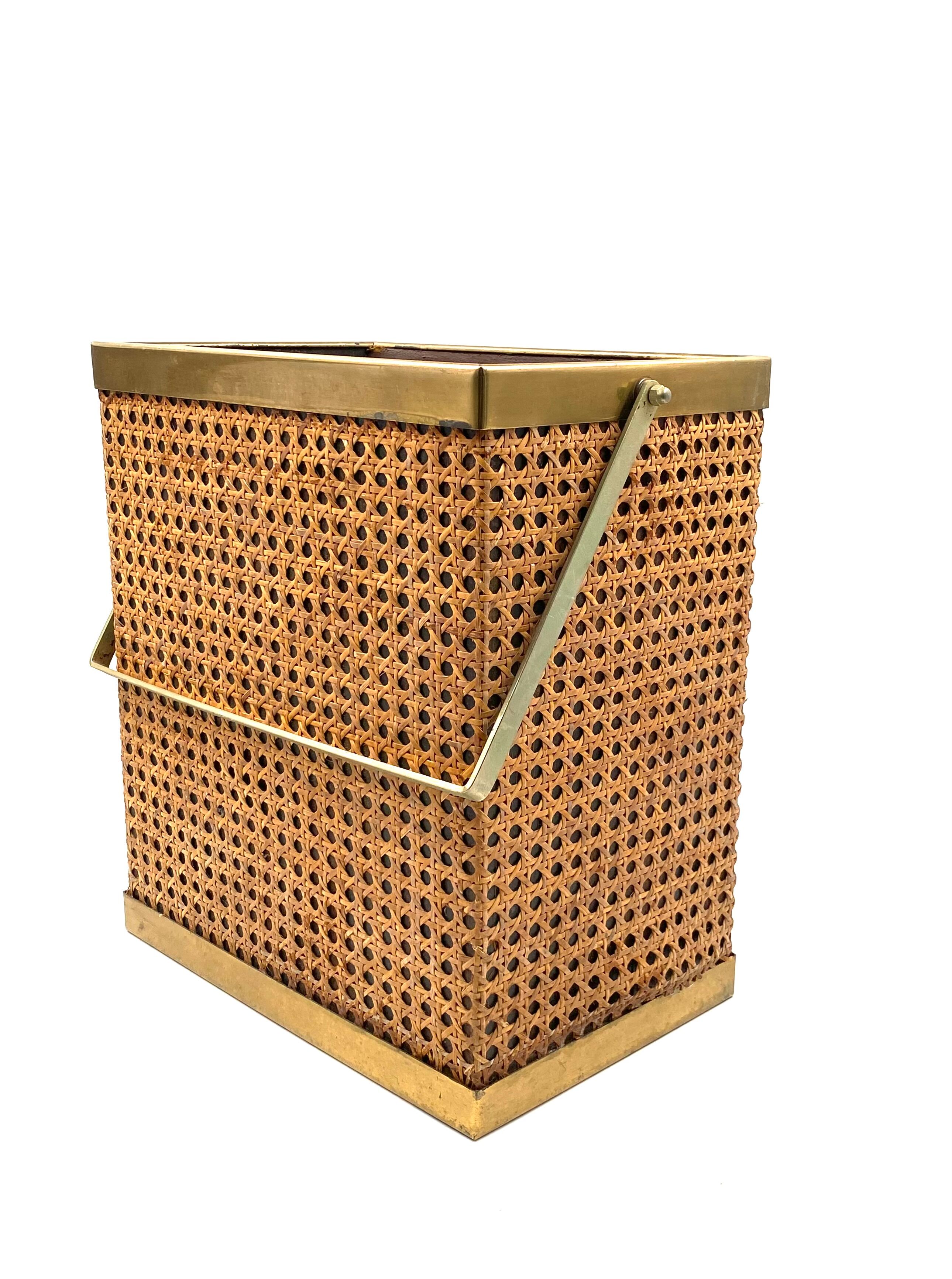 Hollywood regency brass and Vienna straw magazine rack,  Italy 1970