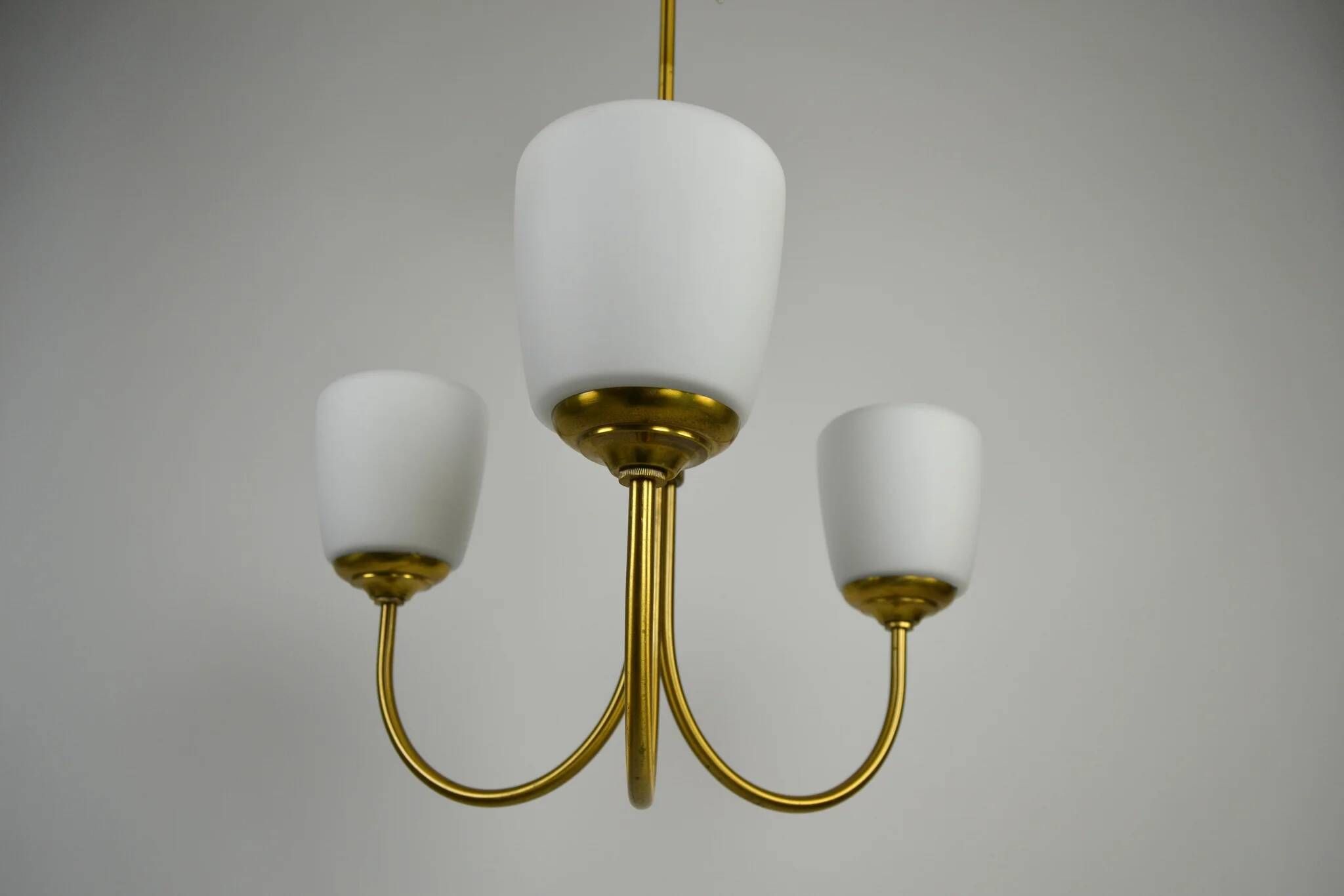 Scandinavian Modern Three-Light Pendant in Brass, Teak and Opaline Glass, 1960s