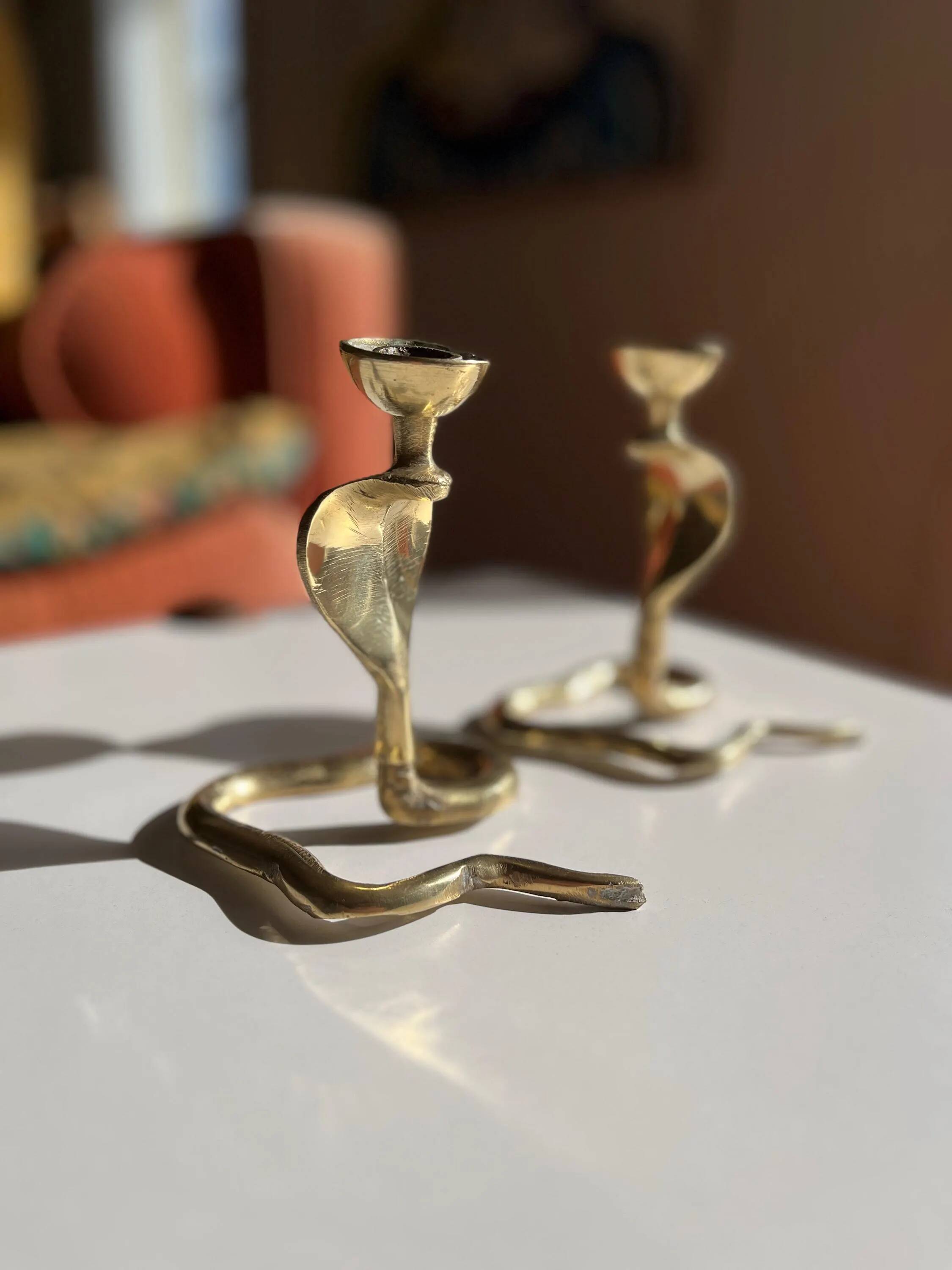 Pair of vintage brass snake candlesticks