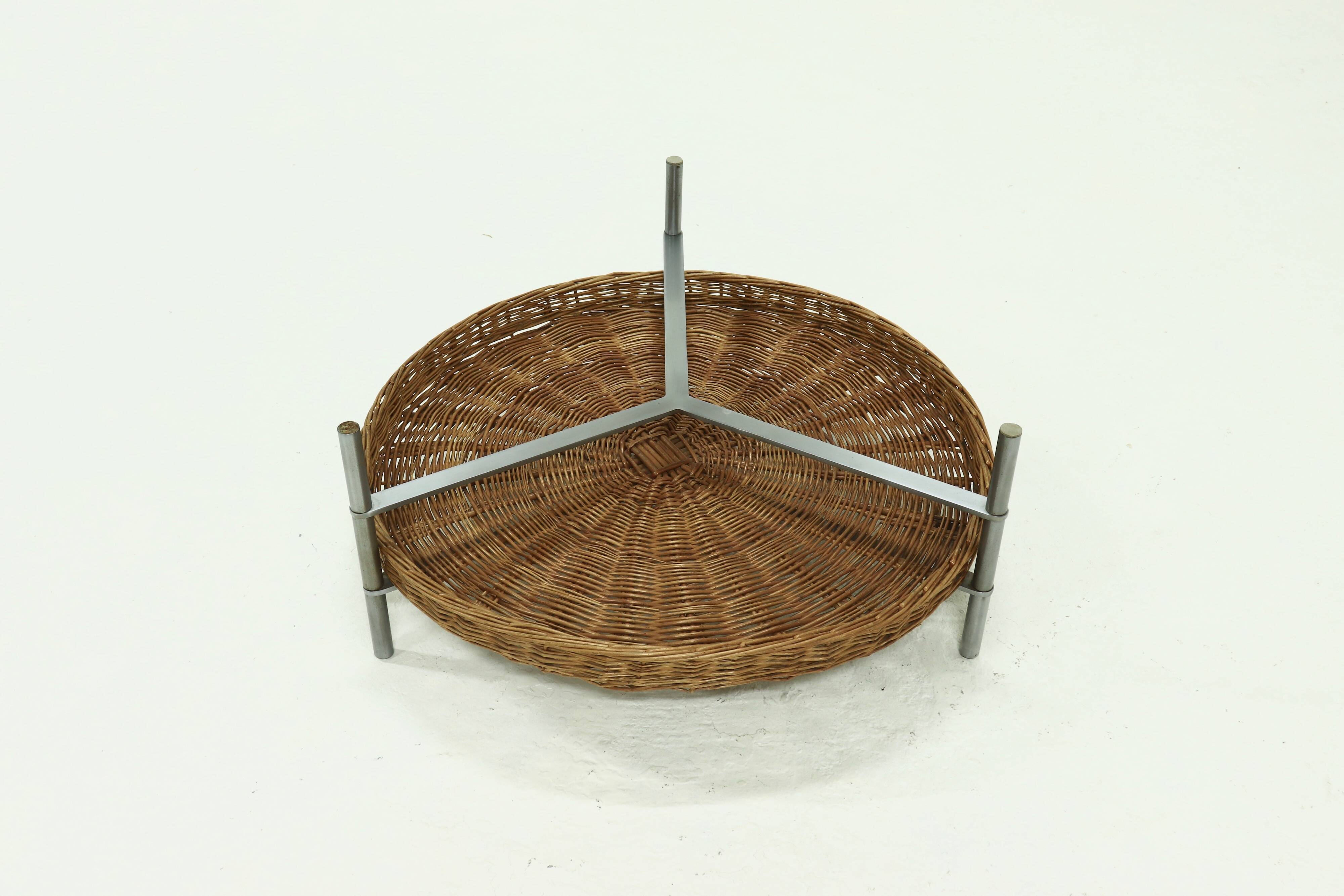 Round Coffee table with Rattan Magazine Rack and Glass Top 1960s