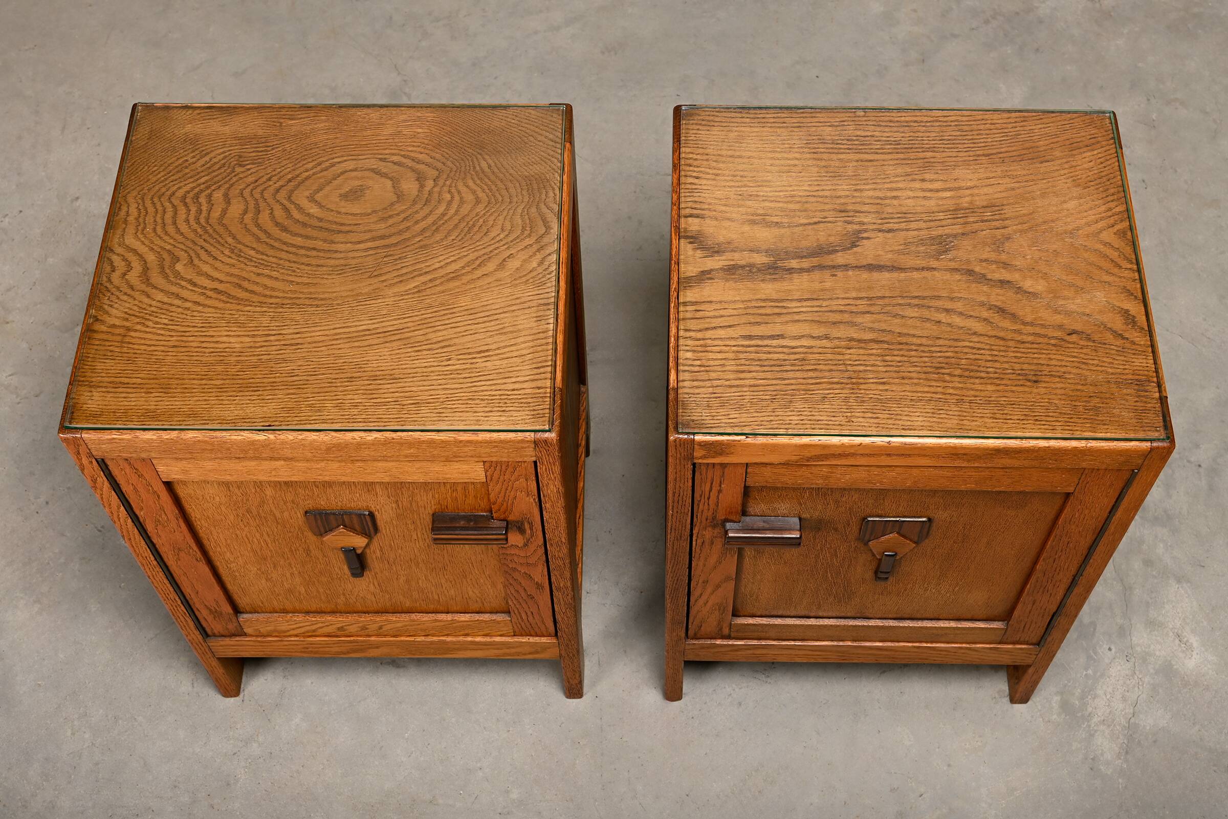 Art Deco Amsterdam School Nightstands pair in oak and glass, 1930s Netherla