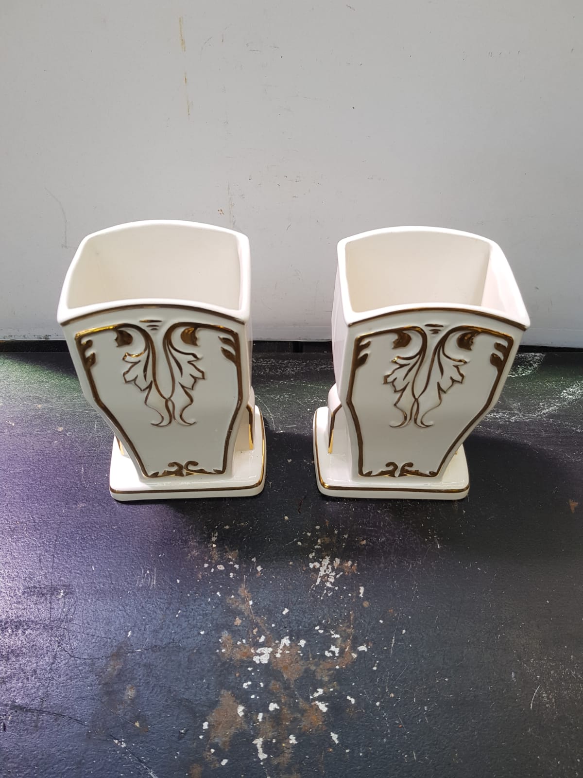 Pair Of Old White Art Ceramic Vase + Golden Decor Made In France Vintage