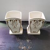 Pair Of Old White Art Ceramic Vase + Golden Decor Made In France Vintage