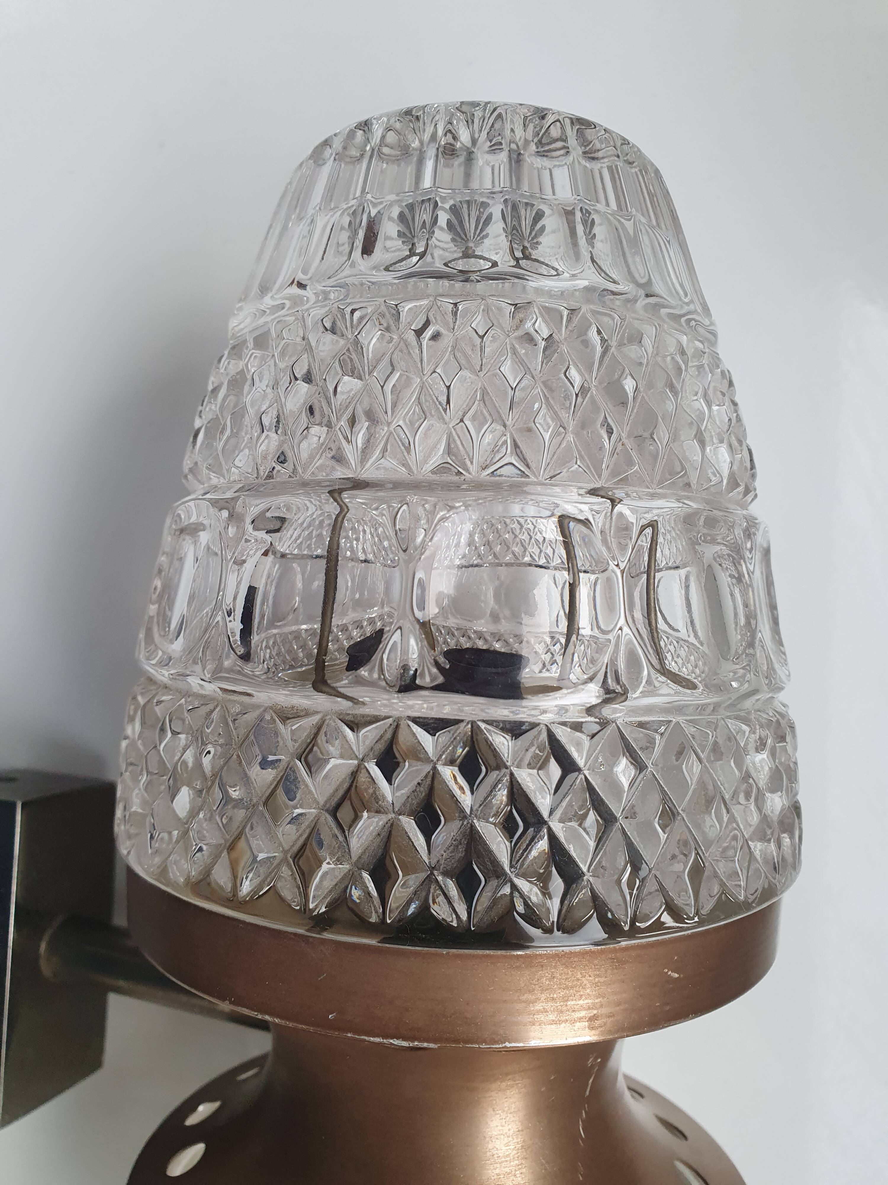 Vintage brass wall light with two crystal glass globes