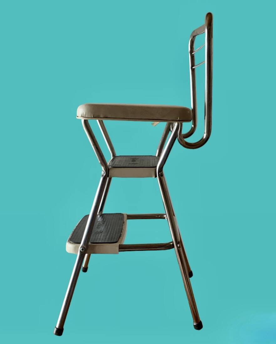 Vintage cosco step stool chair in chrome steel and white skai