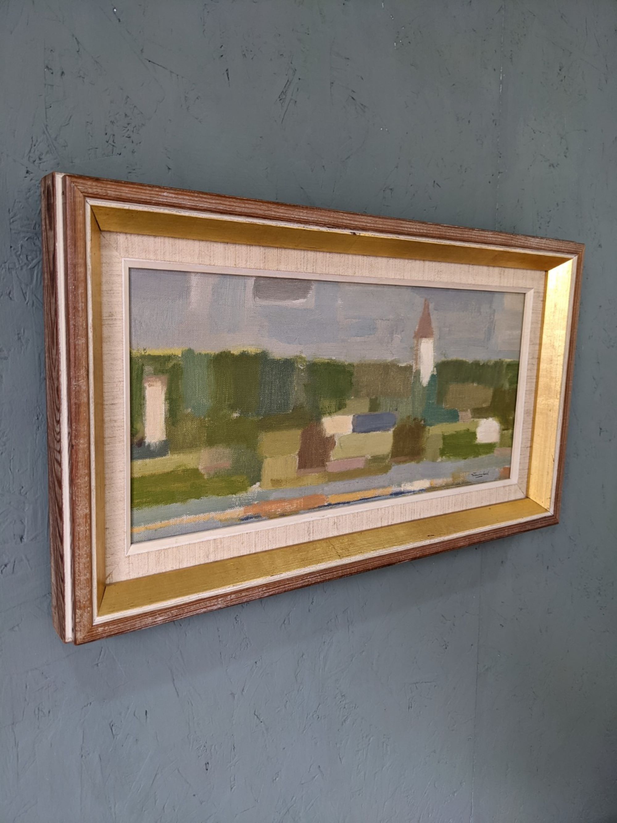 Mid-Century Modern Swedish "Houses by Nature" Vintage Landscape Oil Painting, Framed