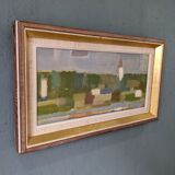 Mid-Century Modern Swedish "Houses by Nature" Vintage Landscape Oil Painting, Framed