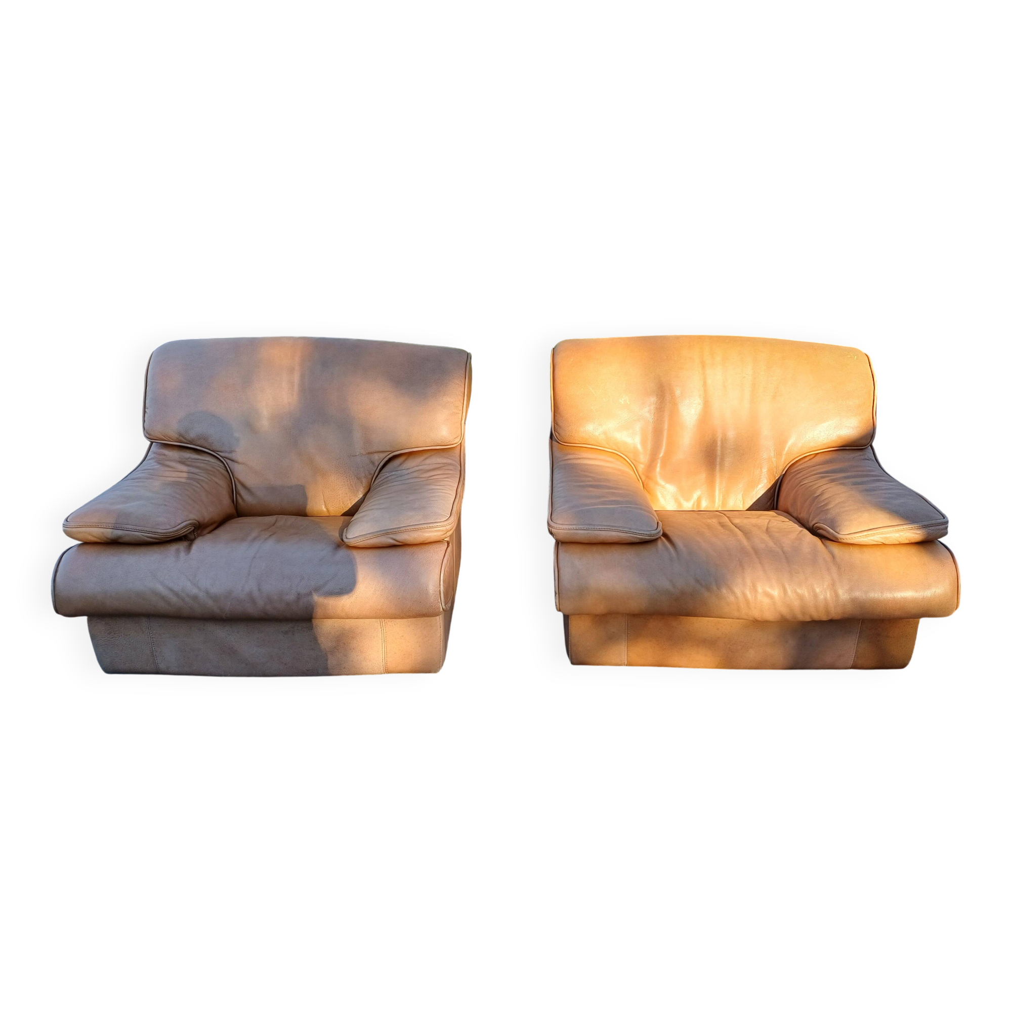 Paire de Fauteuils Vintage en Skai Marron Clair