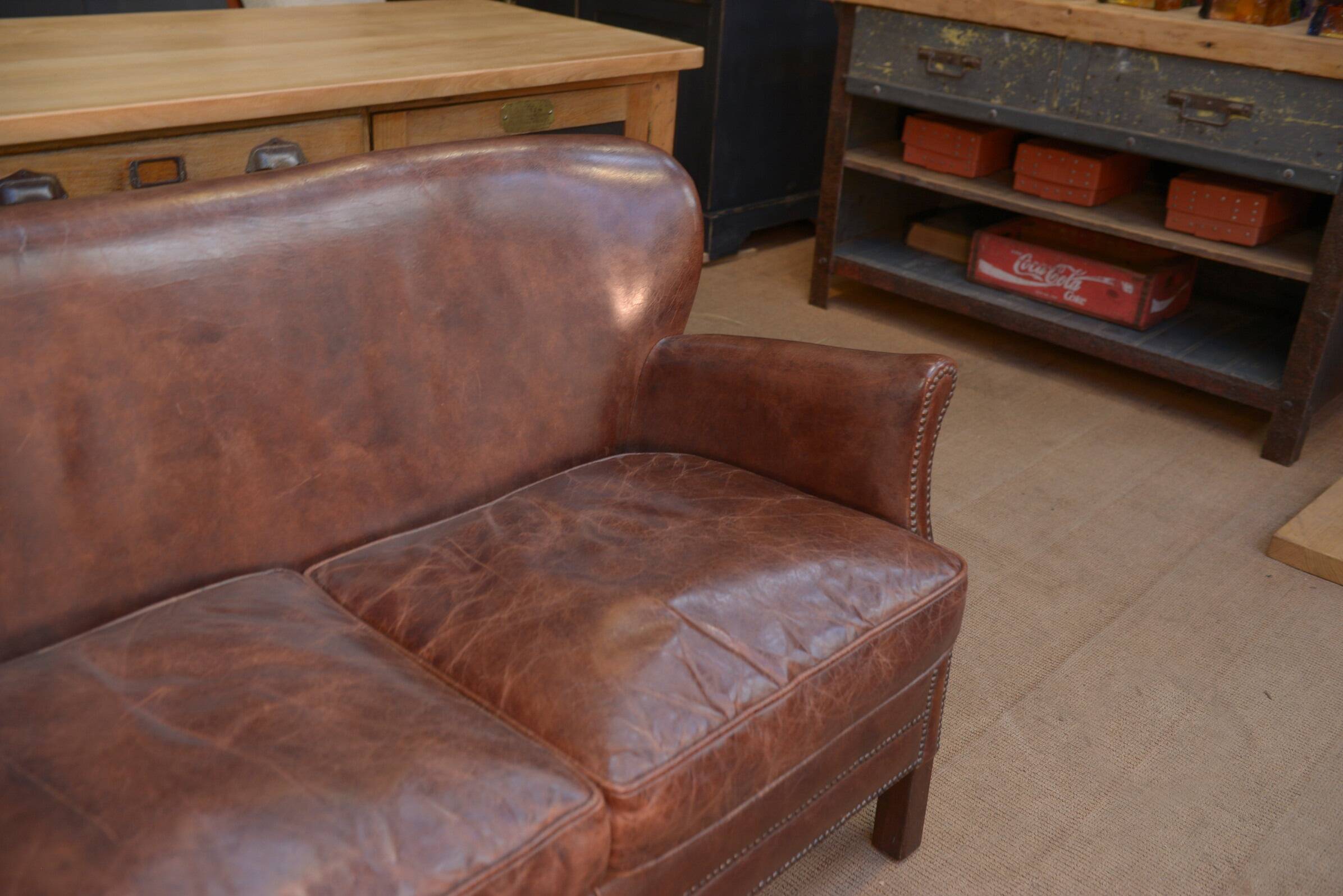 Small Vintage Bench Sofa Studded Leather Sofa 1970s