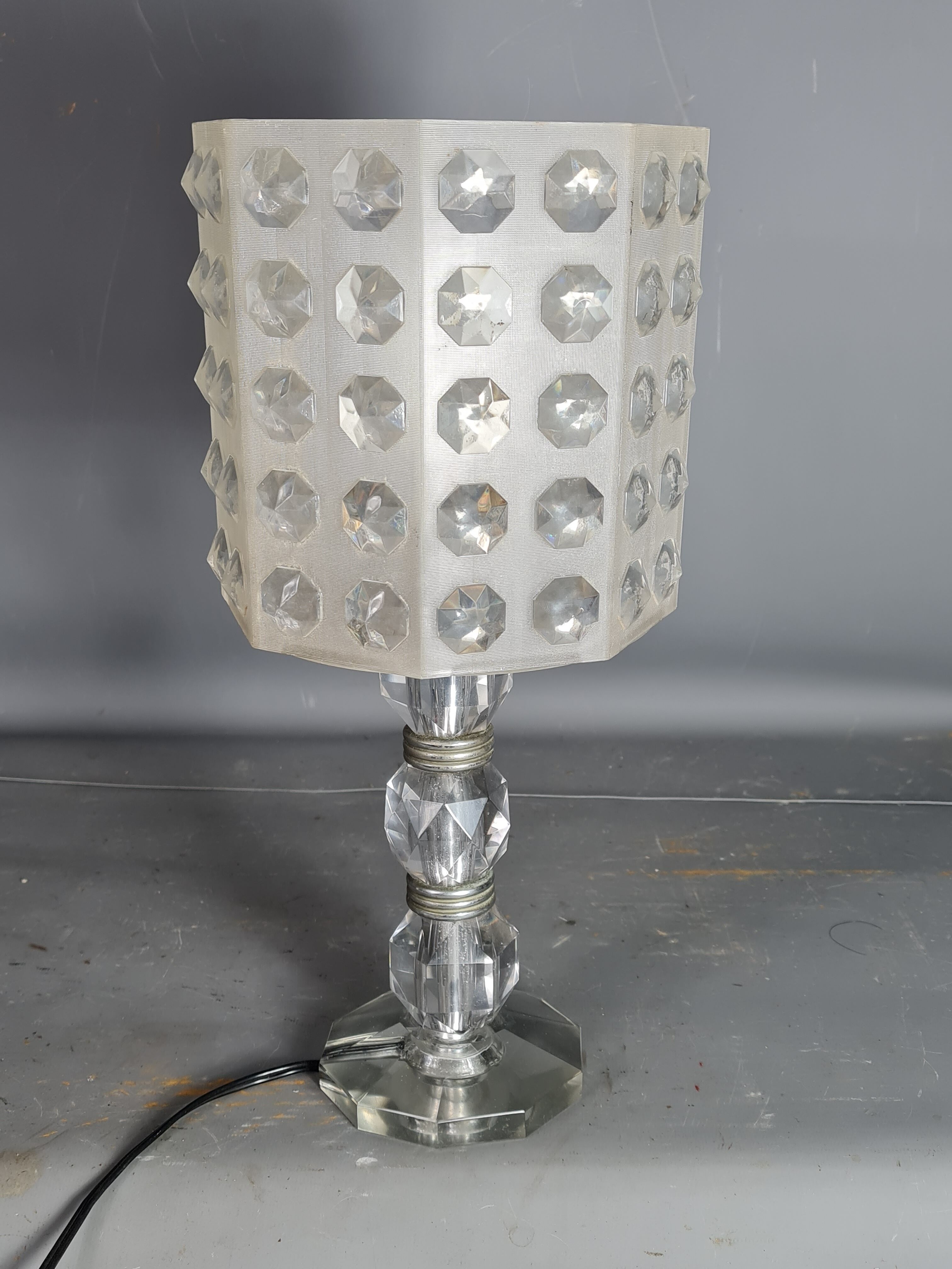 Table lamp foot glass & diamond plastic lampshade Vintage 50-60