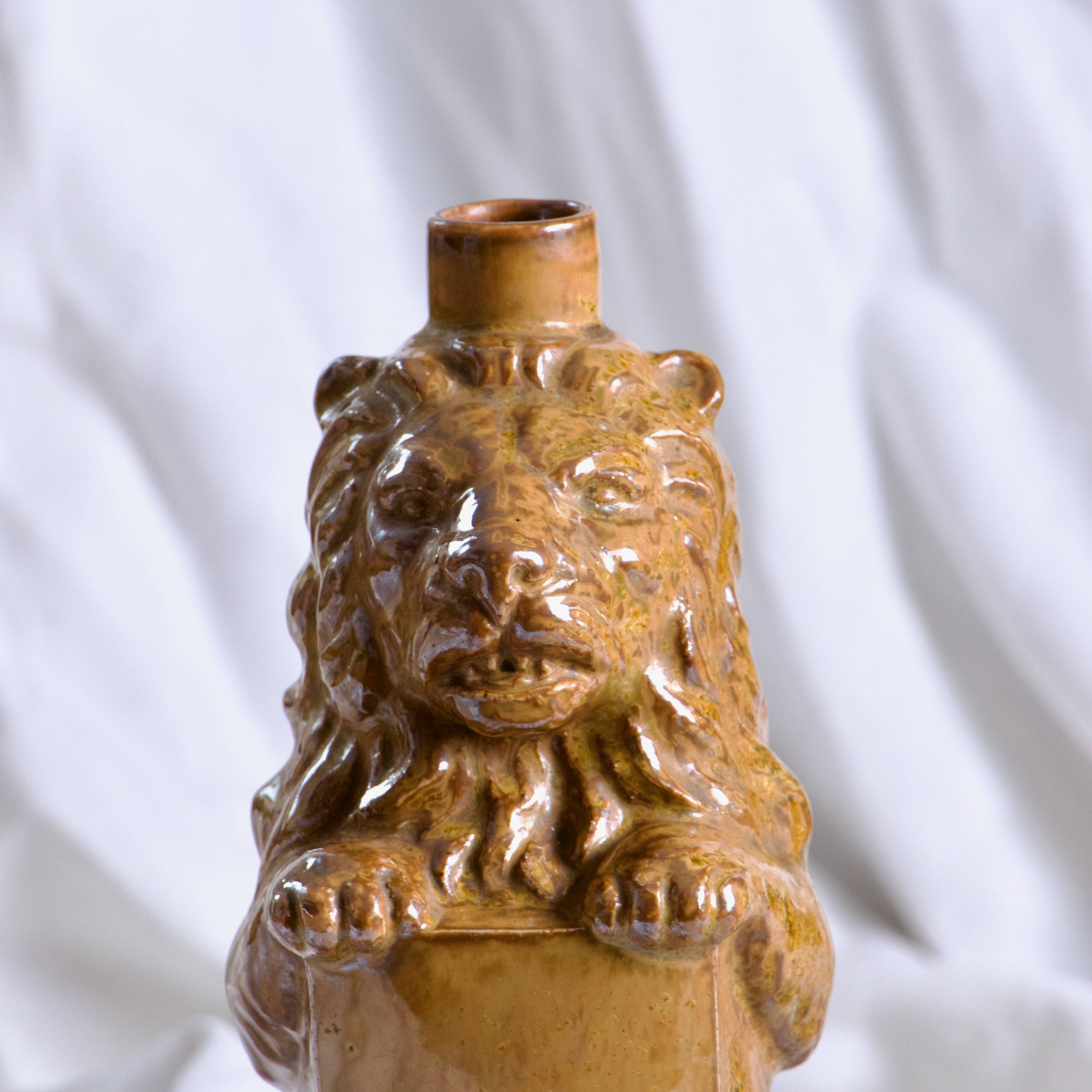 Vase - Antique zoomorphic lion bottle in enamelled stoneware signed Gps