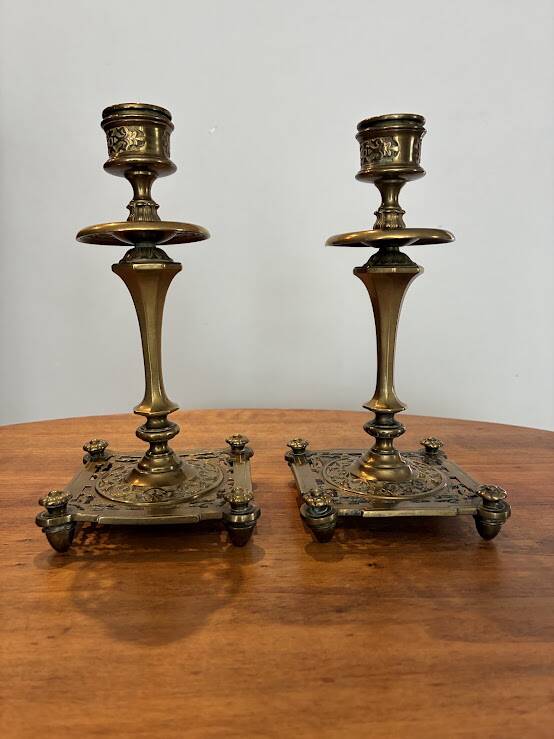 Pair of candlesticks, antique brass, 19th century, signed Prachthauser