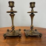 Pair of candlesticks, antique brass, 19th century, signed Prachthauser