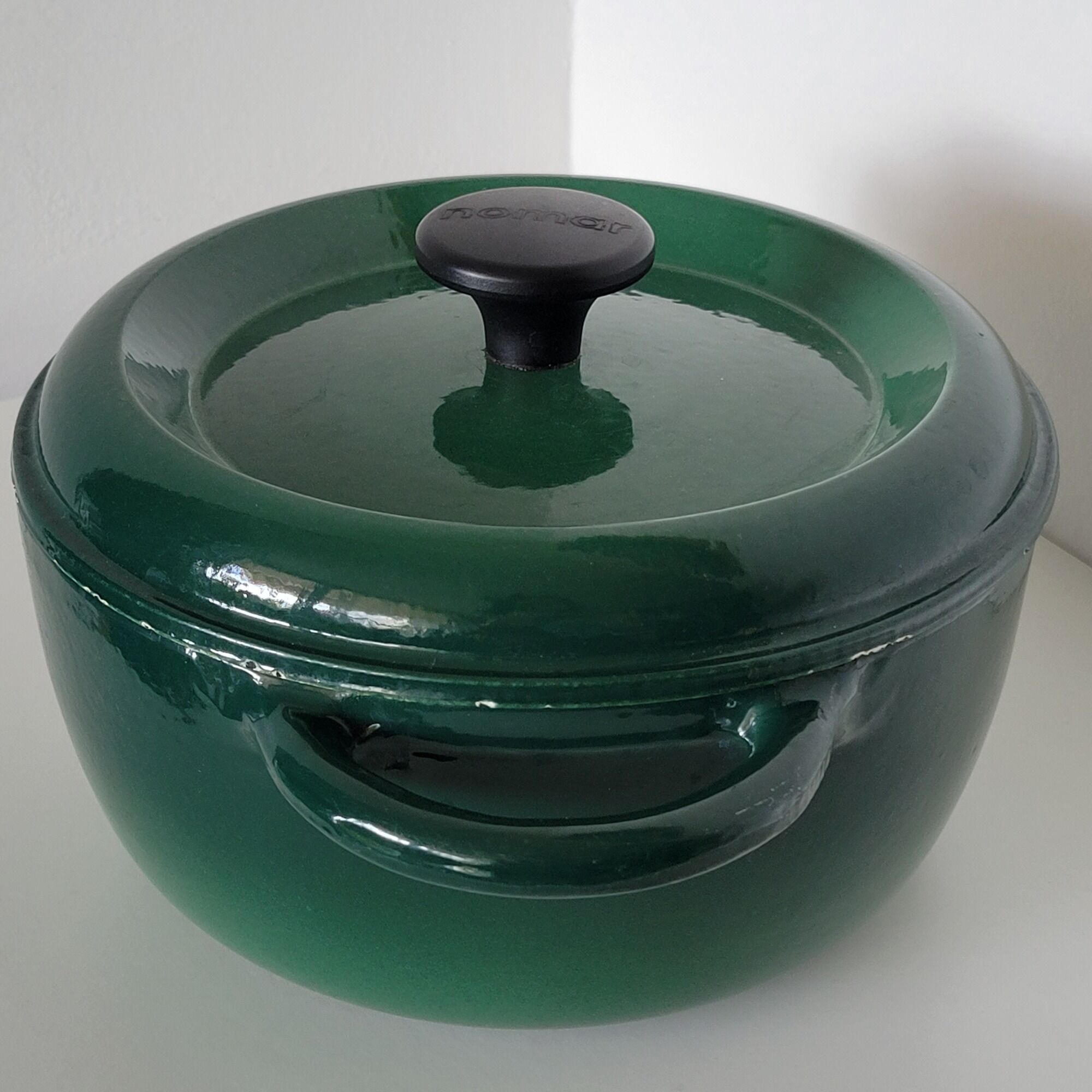 Round green enamelled cast iron casserole Nomar Staub vintage
