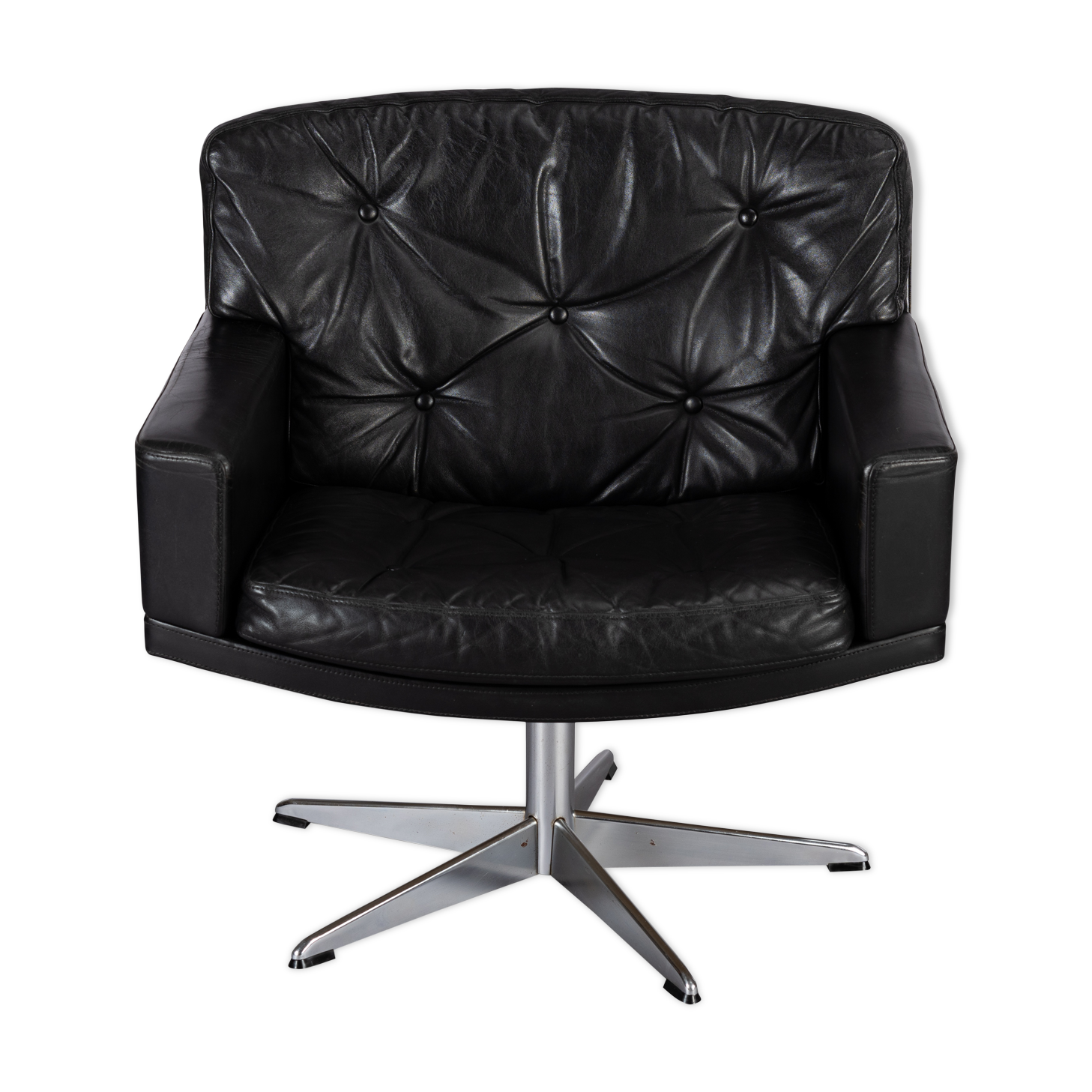 Mid-century black leather swivel chair by Lystager, 1960s