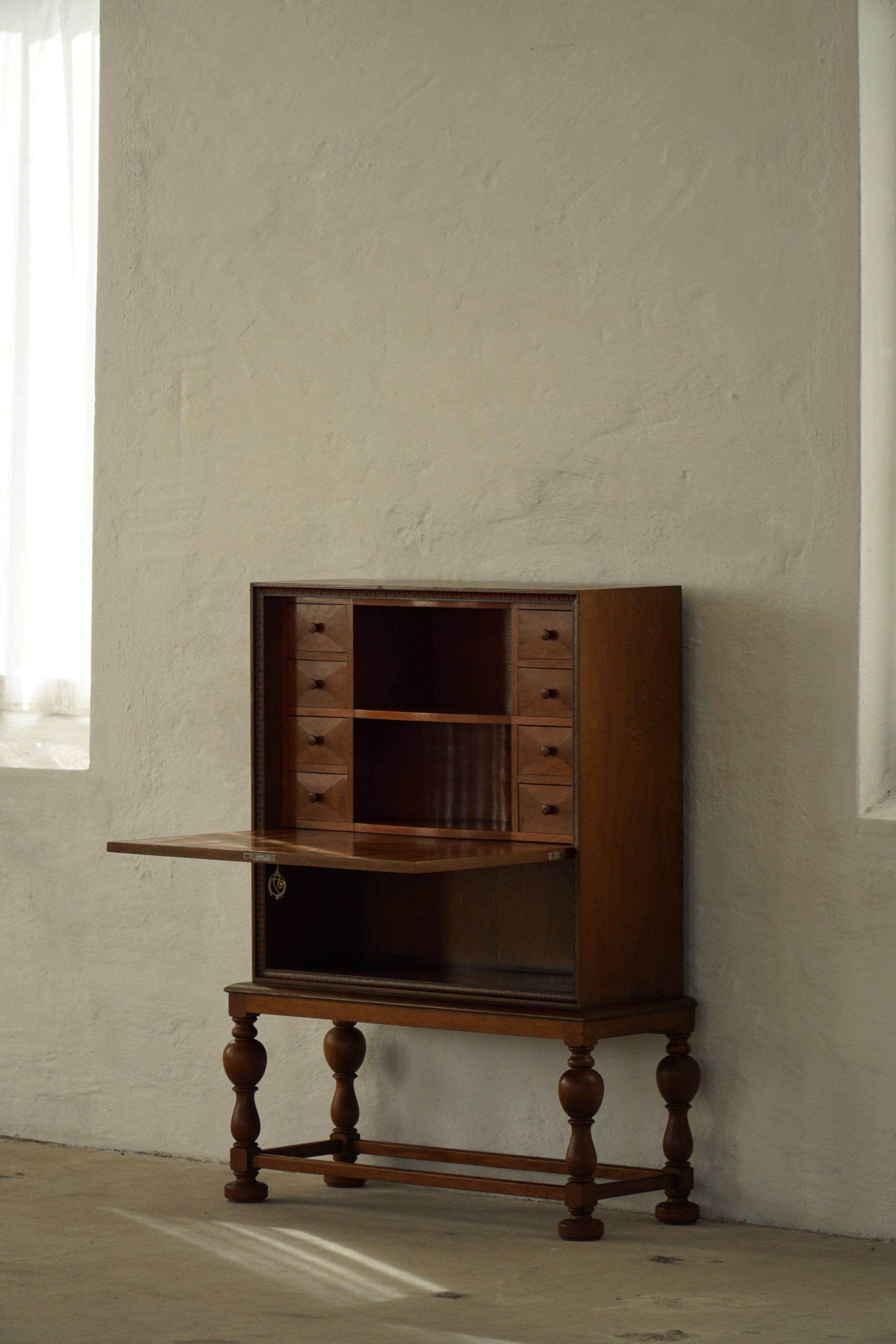 Modern Danish secretary, unique handmade oak, mid-20th century.