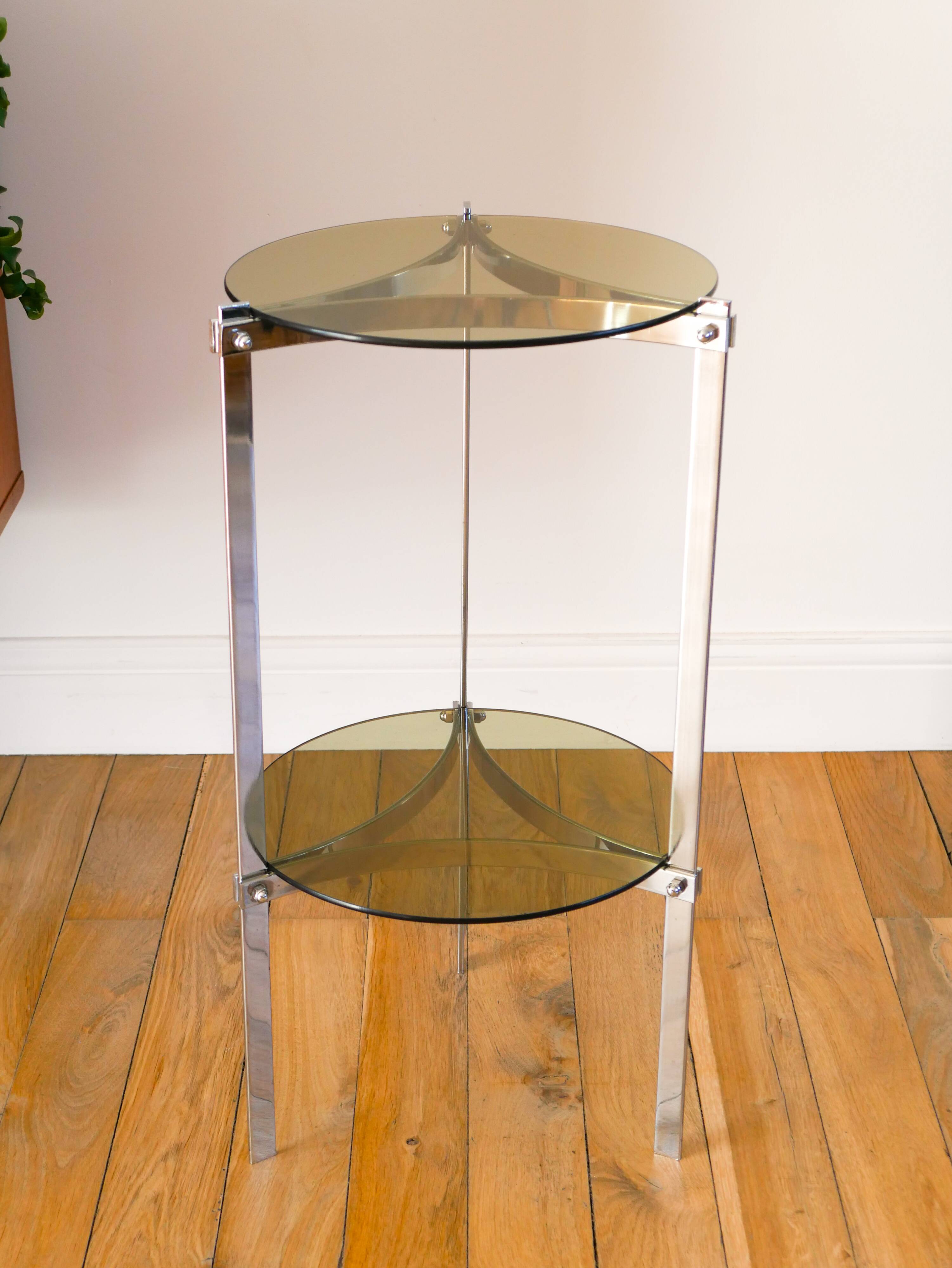 Tripod stand in chrome and smoked glass, double floors, Design, 1970
