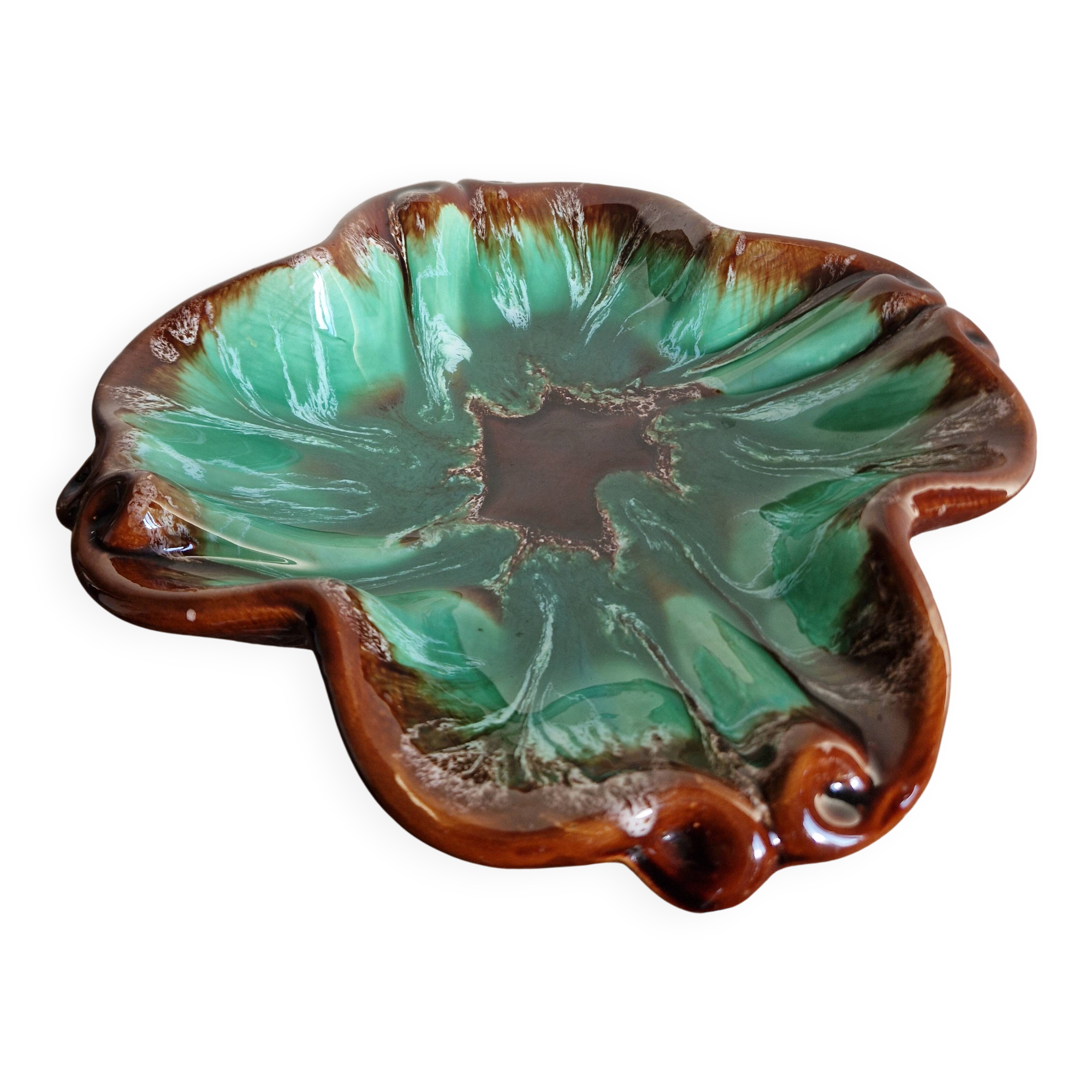 Large ceramic leaf bowl Vallauris green brown 1960s - signed