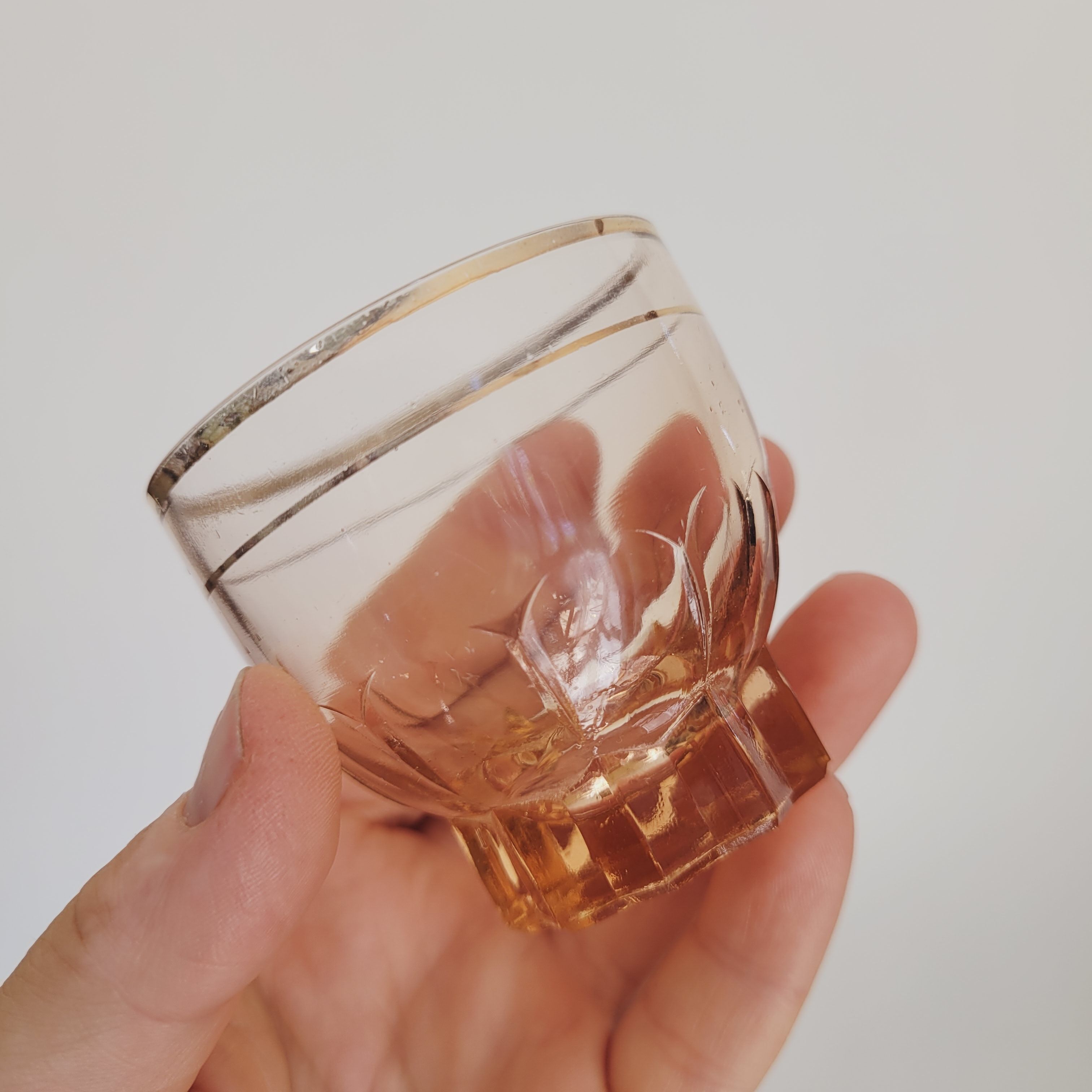 Pink glass liquor set carafe, glass and tray