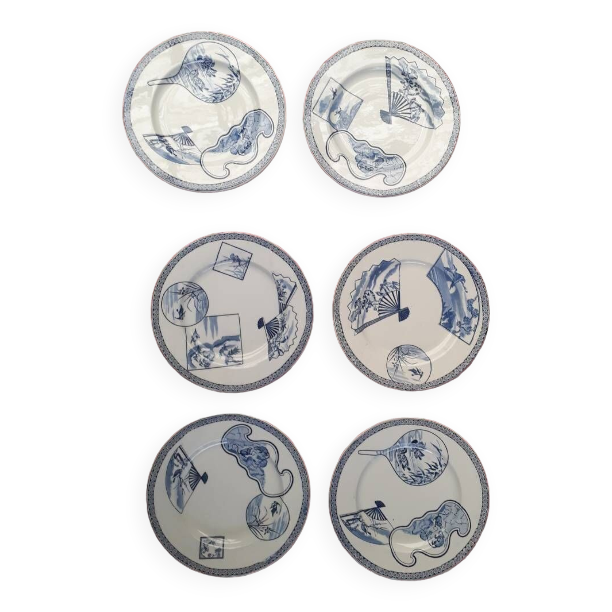6 Assiettes Gien "Éventails japonais"