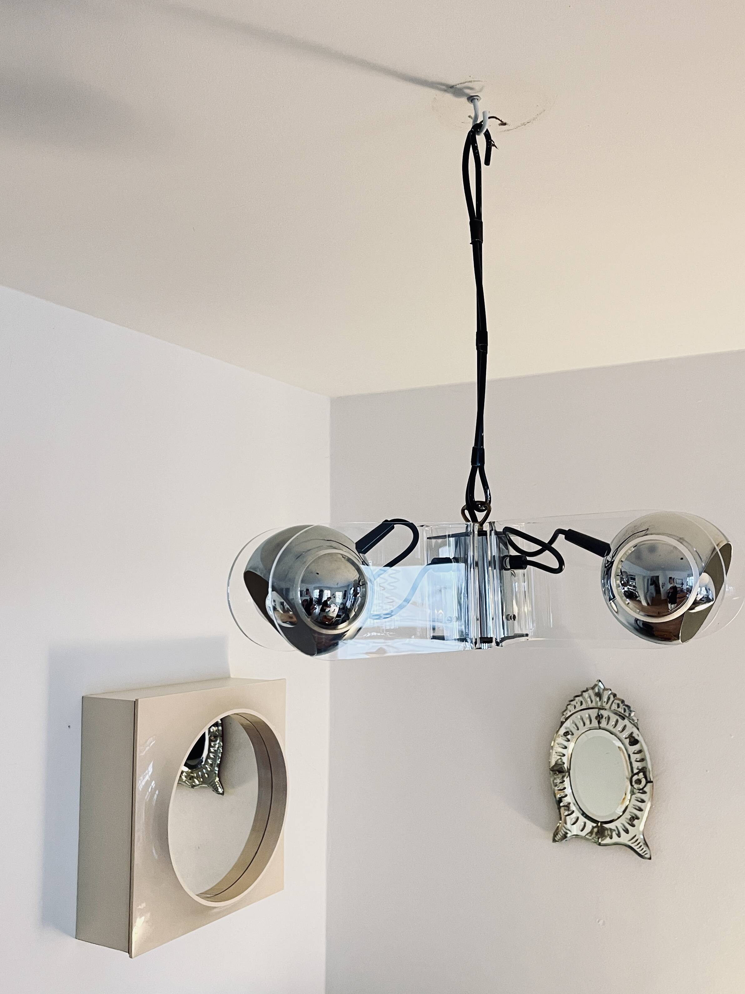 Vintage Chrome & Acrylic Pendant Lamp in the Style of Gino Sarfatti , 1970s
