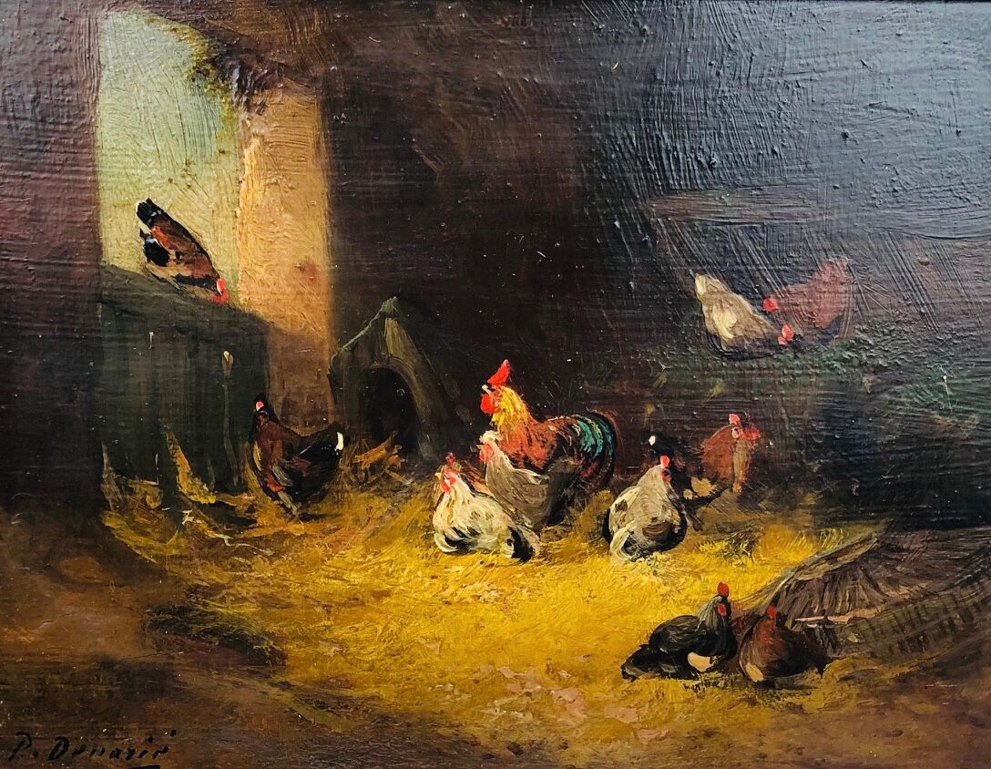Vintage oil, "Le Poulailler" by P.Denarié, 19th