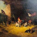 Vintage oil, "Le Poulailler" by P.Denarié, 19th