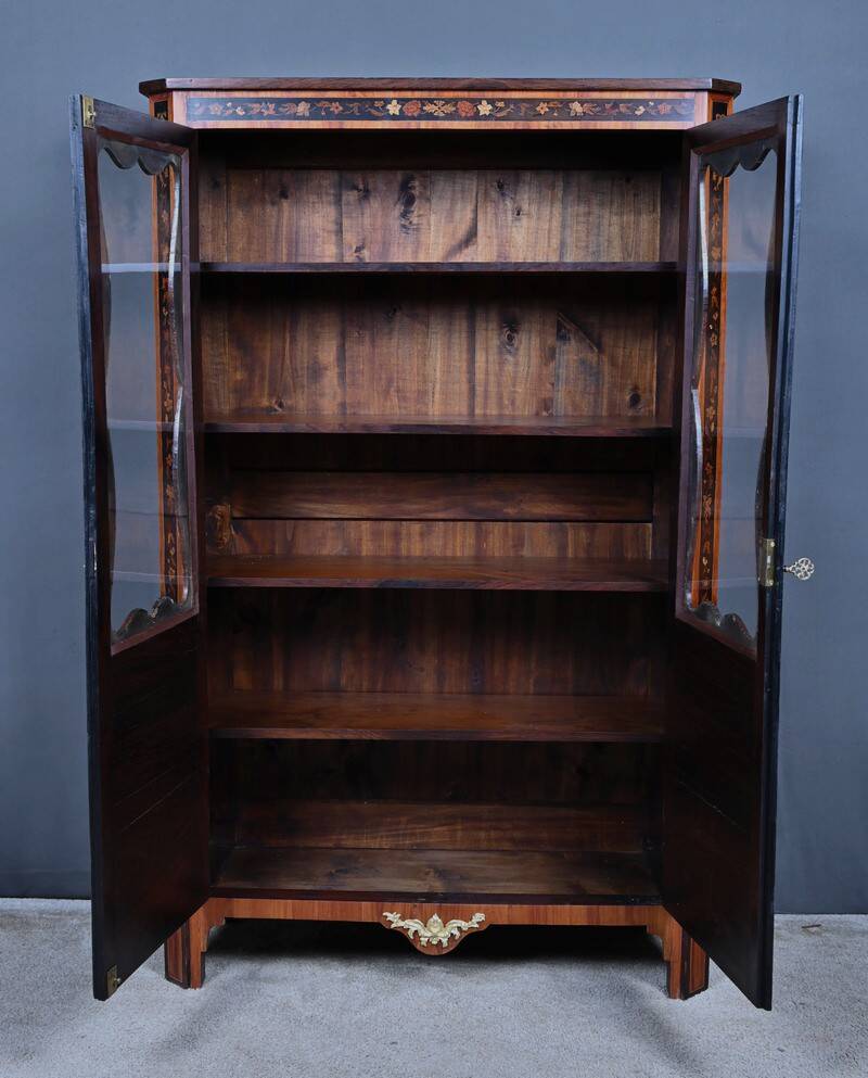 Showcase in precious wood marquetry, Louis XV Transition style.