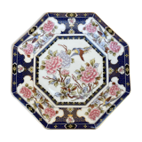 Assiette octogonale ancienne aux motifs d'oiseau et de pivoines, chinoiseries