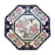 Antique octagonal plate with bird and peony motifs, chinoiseries.