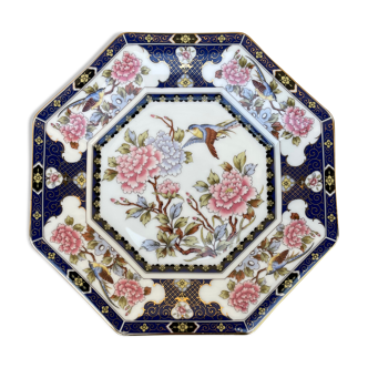 Ancient octagonal plate with bird and peony motifs, chinoiseries