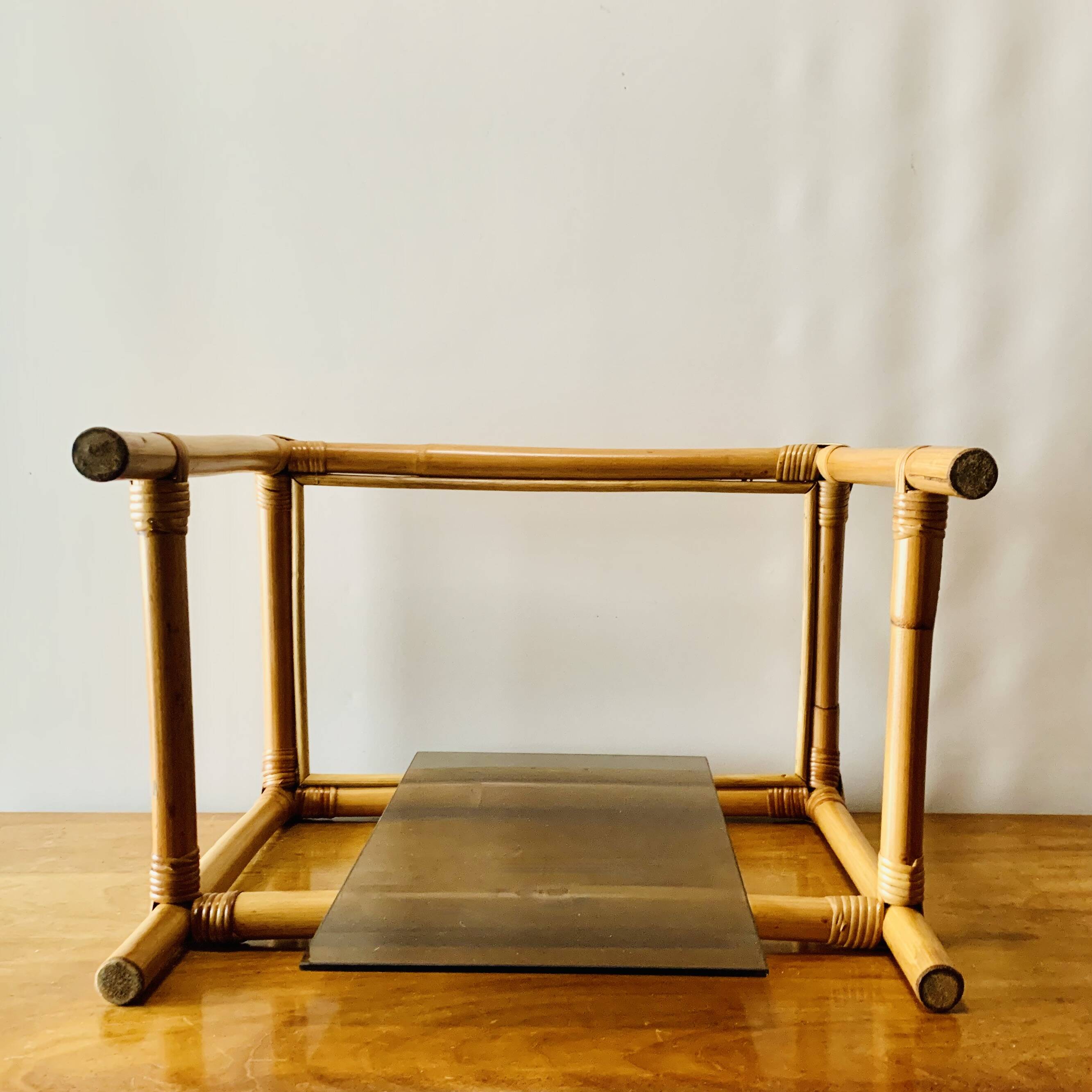 Vintage bamboo and smoked glass side table - end table