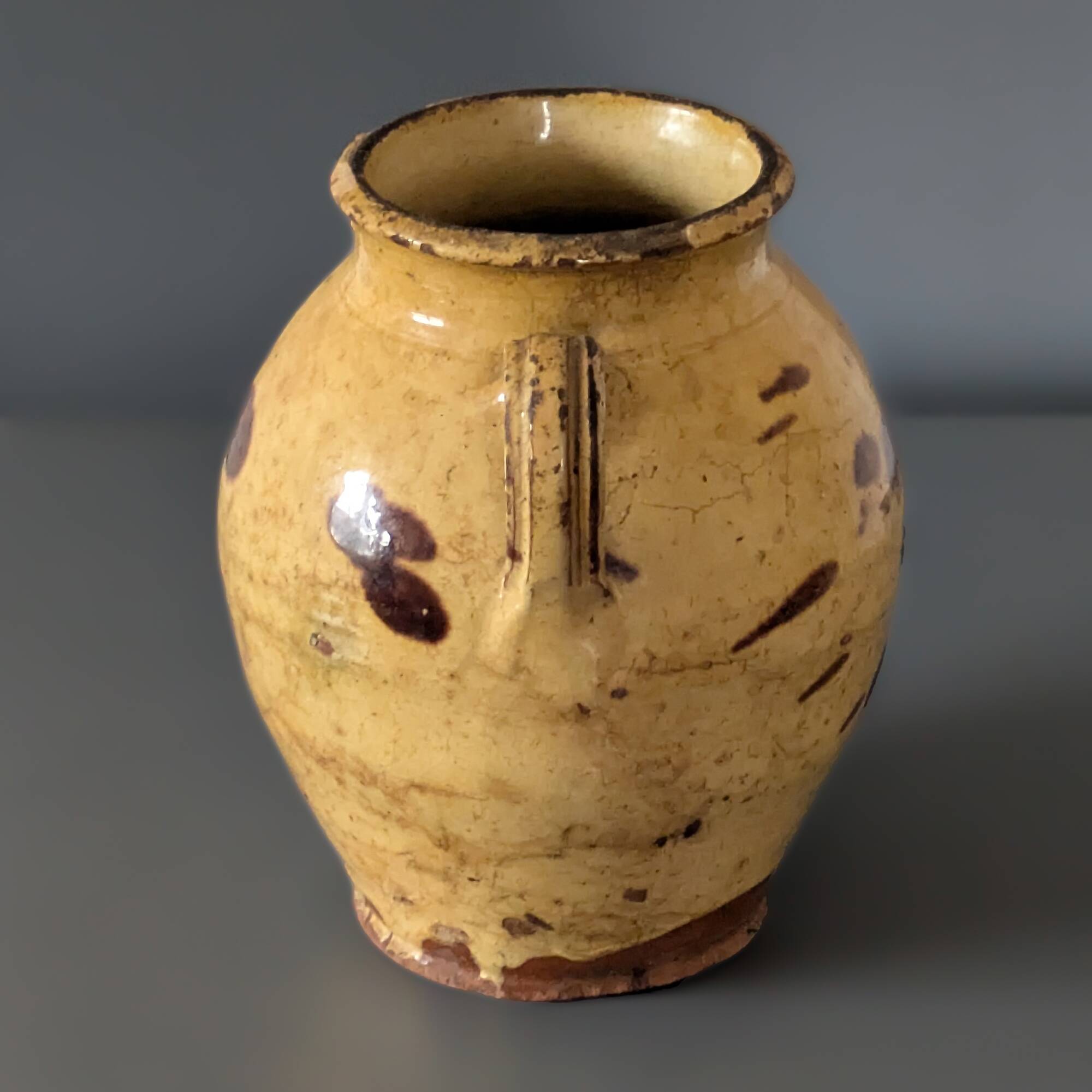 Antique glazed earthenware preserve pot in ochre and brown – southern pottery