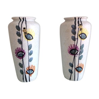 Pair of vases in grey cermal and polychrome decor by Jasba vintage 60s-70s