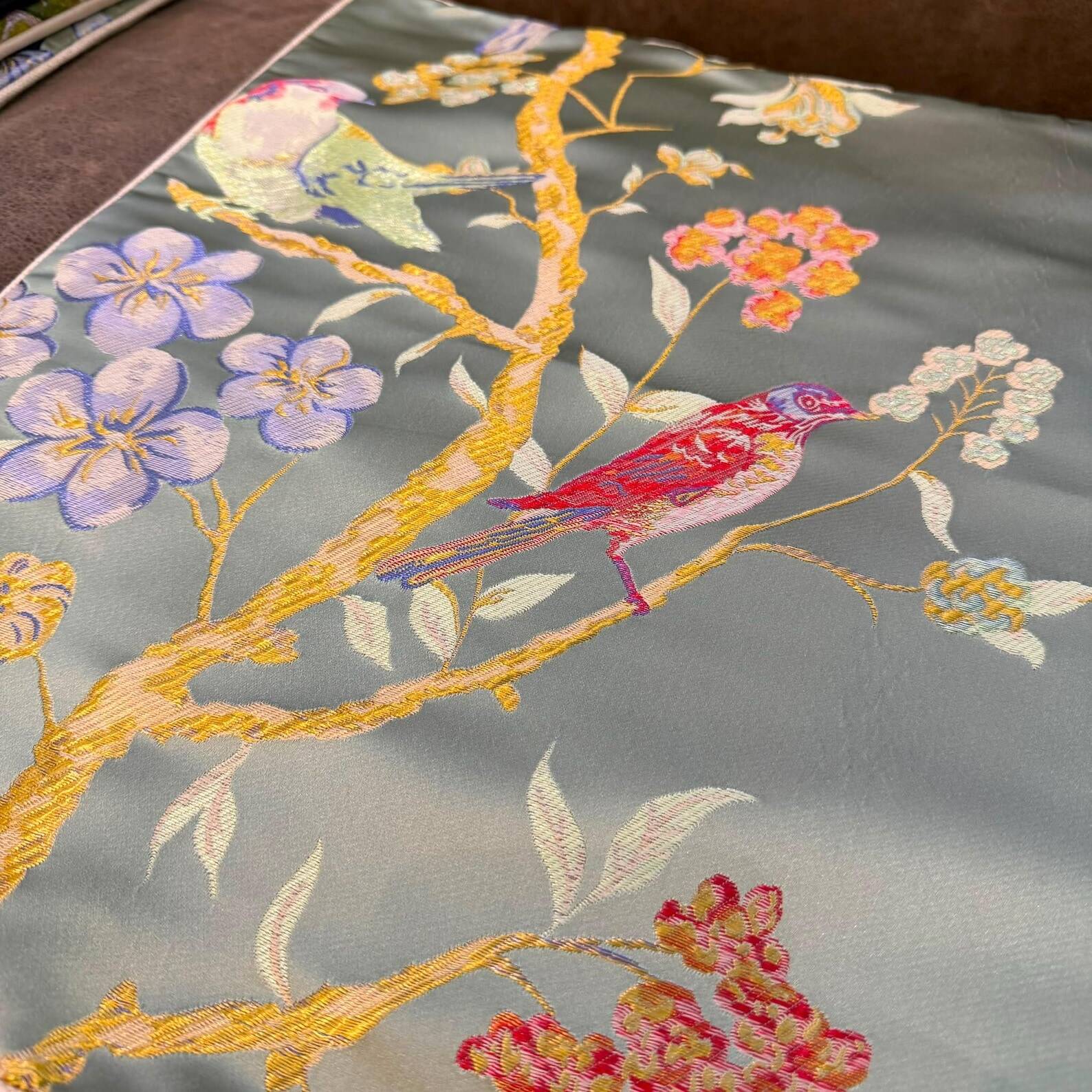 Chinoiserie Bird Cushion Cover, Cream Piped Silk Botanical Pillow