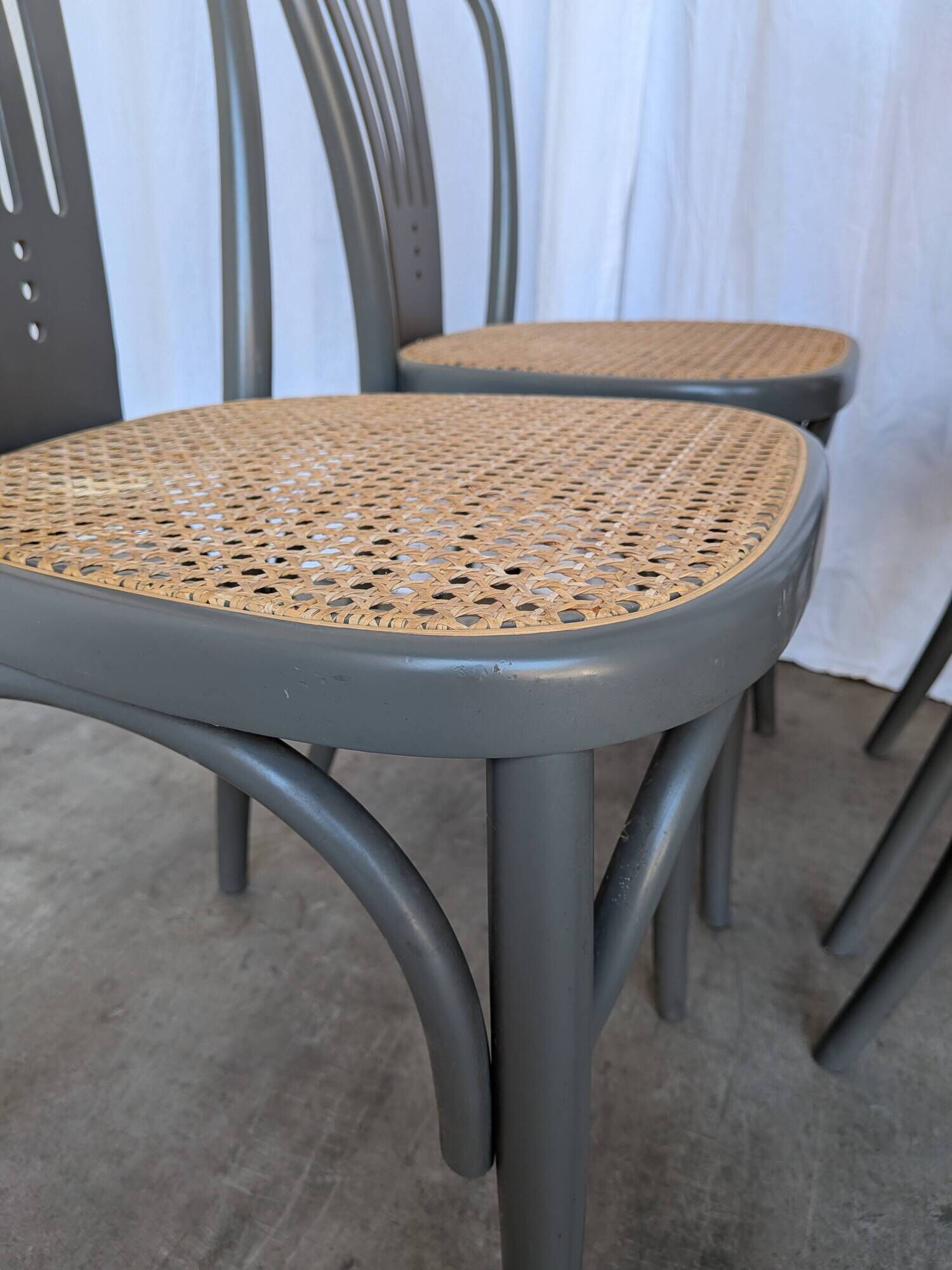 Set of 8 Vintage Gray Bentwood Dining Chair: Thonet Style Cane Seat