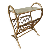Porte revue avec table d'appoint vintage en rotin - Hauteur 58cm / Longueur