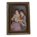 Peinture anglaise ancienne représentant une jeune femme lisant