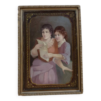 Antique English Painting of a Young Woman Reading