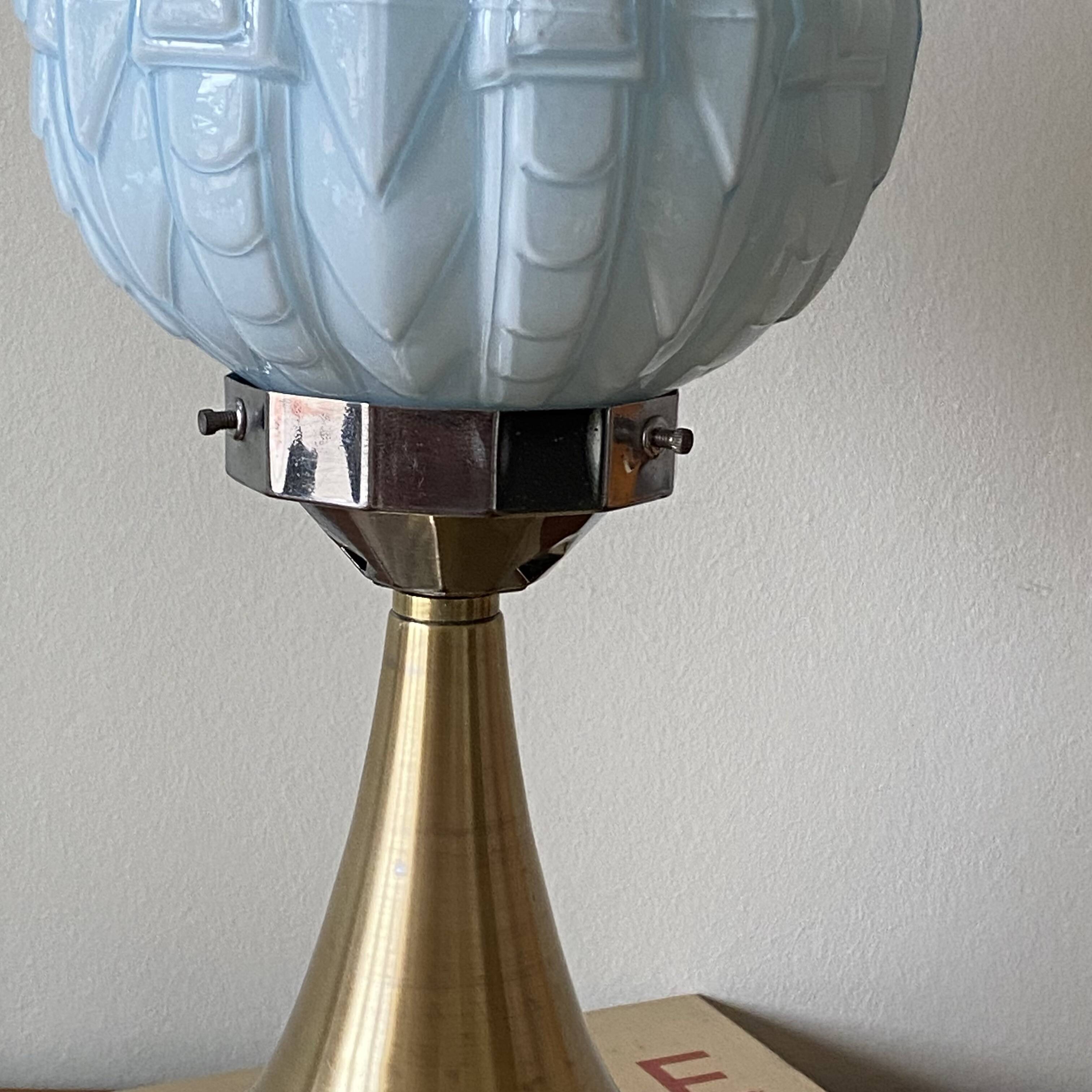 Vintage Art Deco modernist lamp with blue opaline glass and brass.