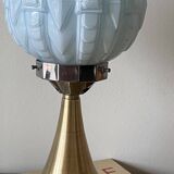 Vintage Art Deco modernist lamp with blue opaline glass and brass.