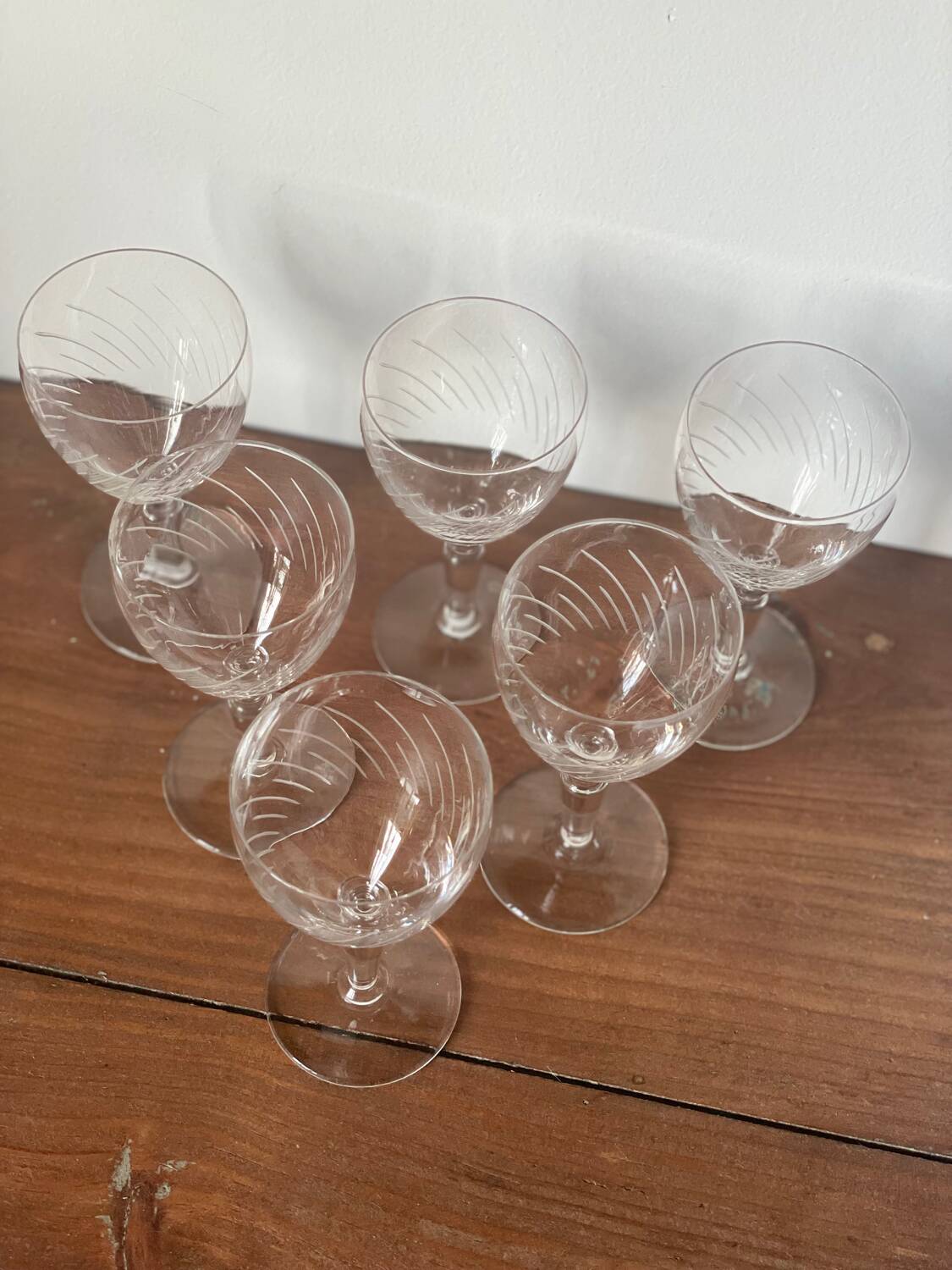 6 crystal engraved white wine glasses with stems