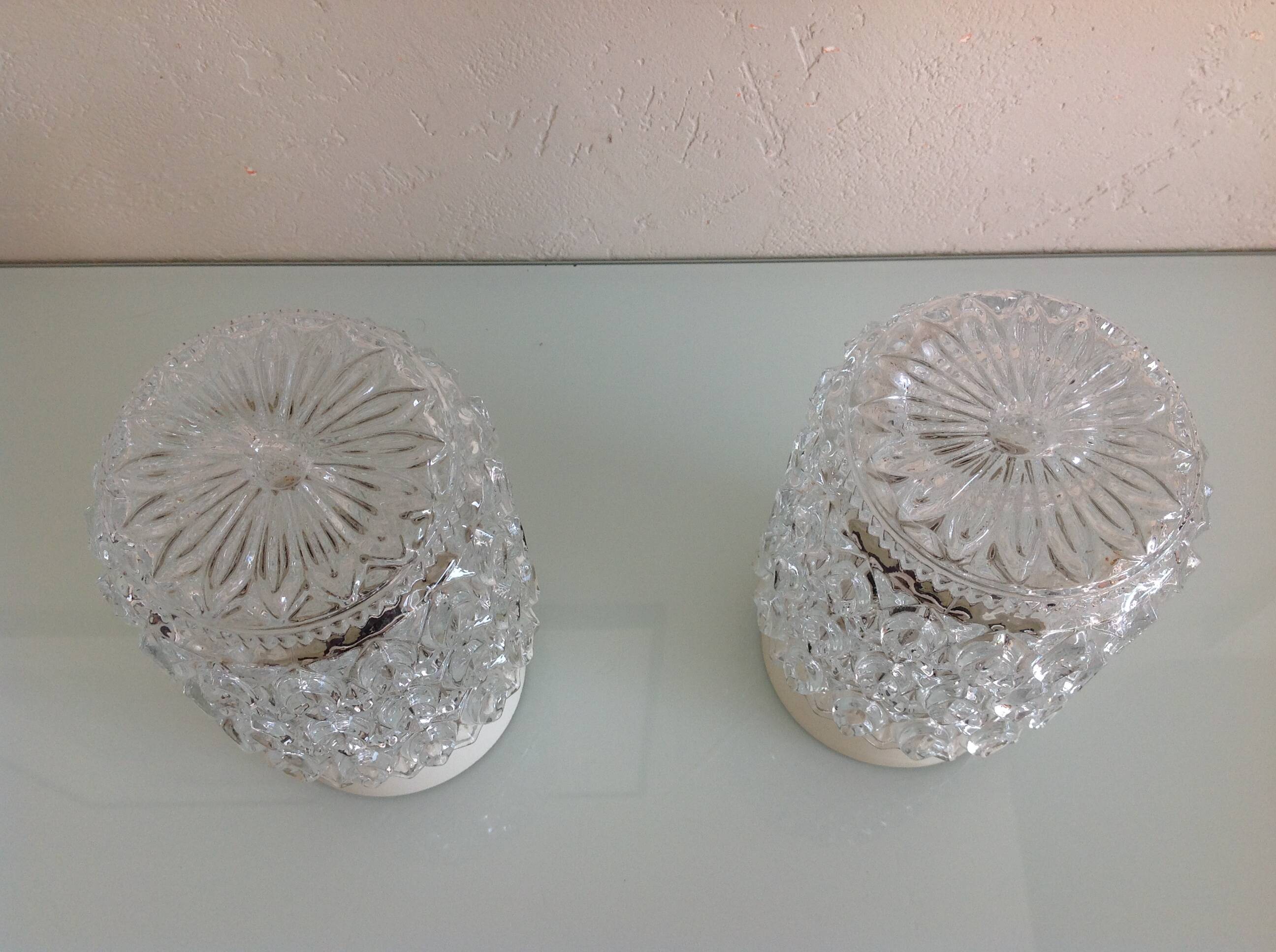 Pair of cylindrical structured glass ceiling lights / vintage 60s-70s