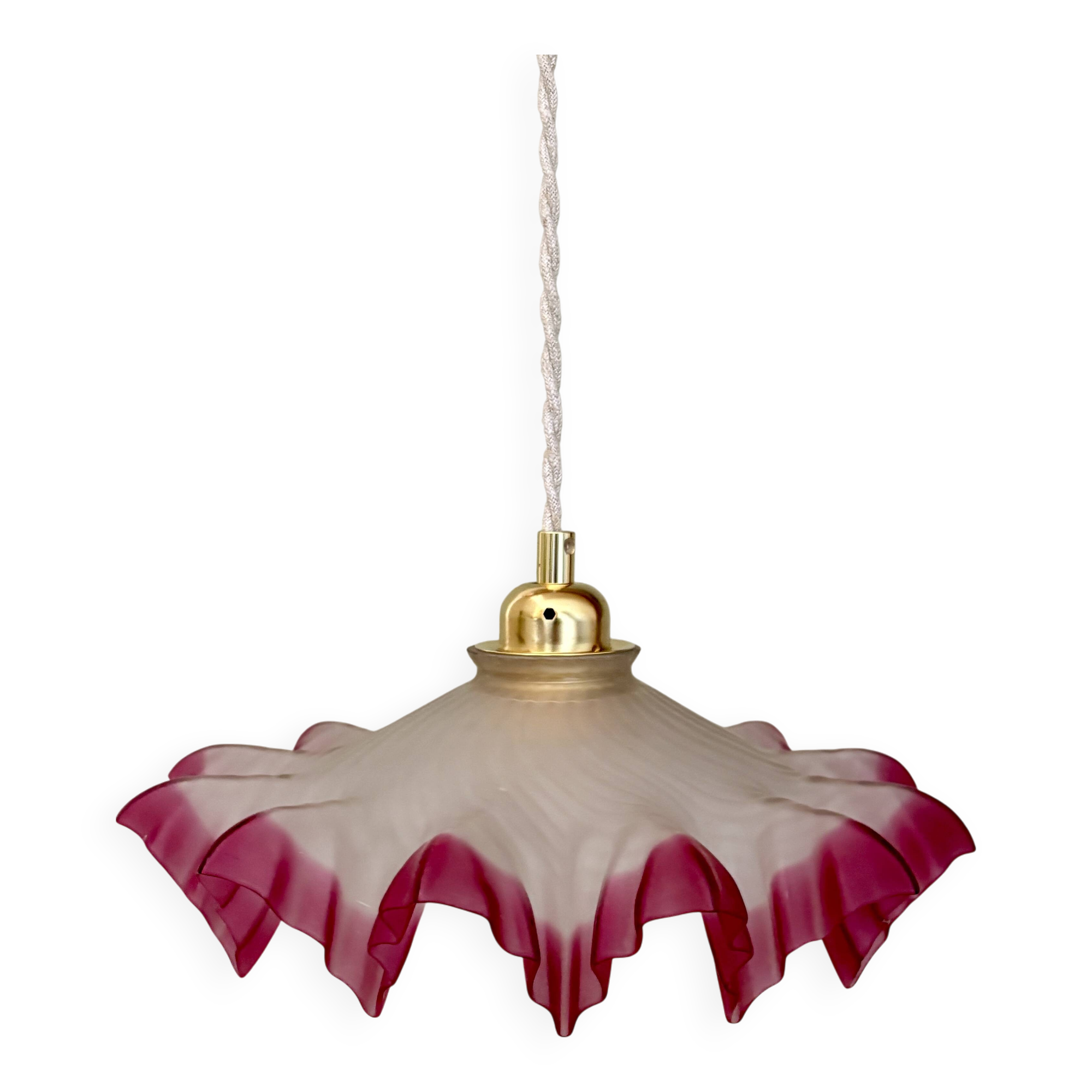 Vintage lace lampshade pendant light in pink frosted glass