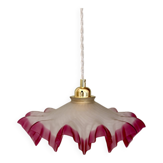 Vintage lace lampshade pendant light in pink frosted glass
