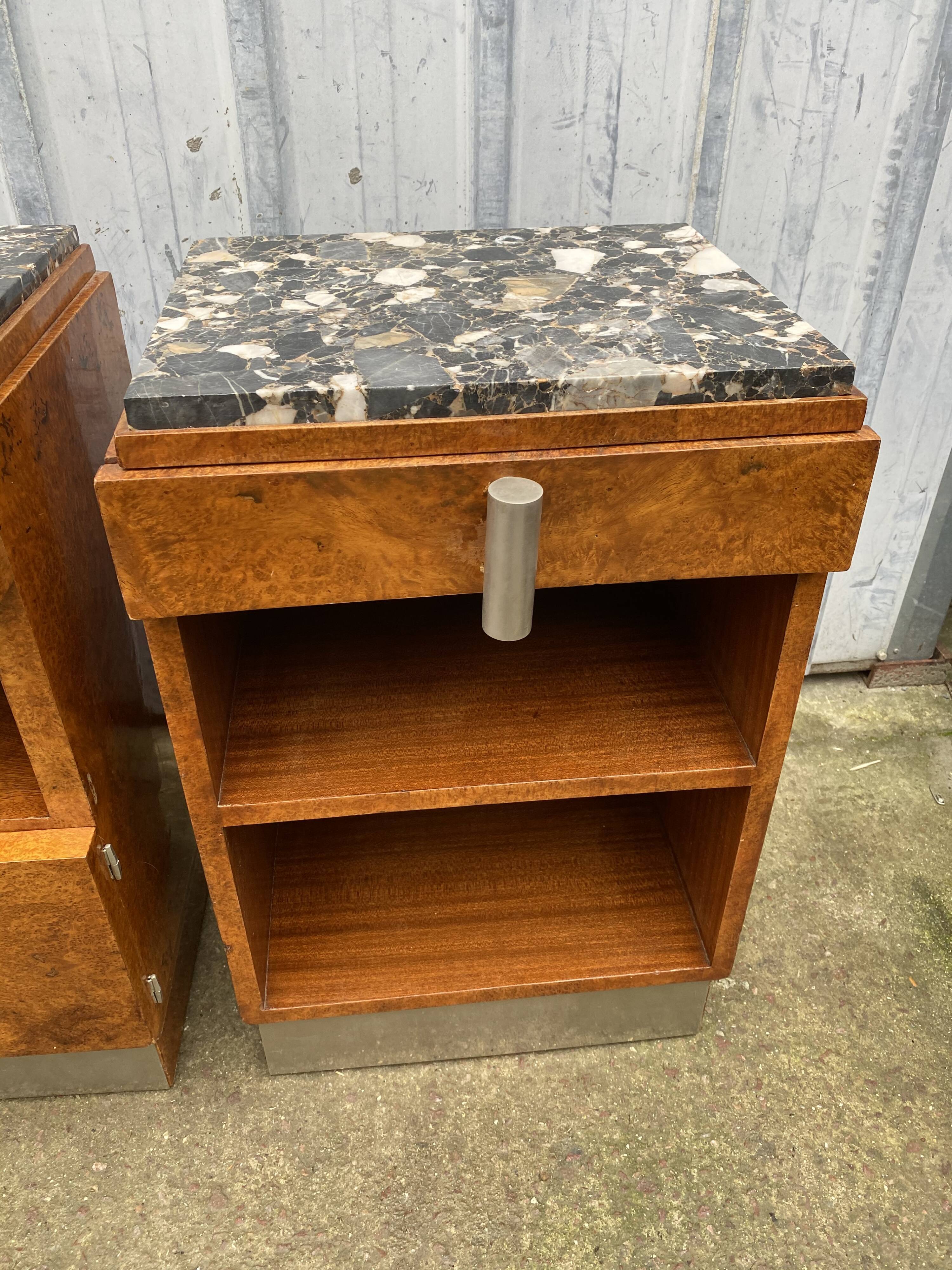 Pair of bedside table night art deco style elm and marble magnifying glass