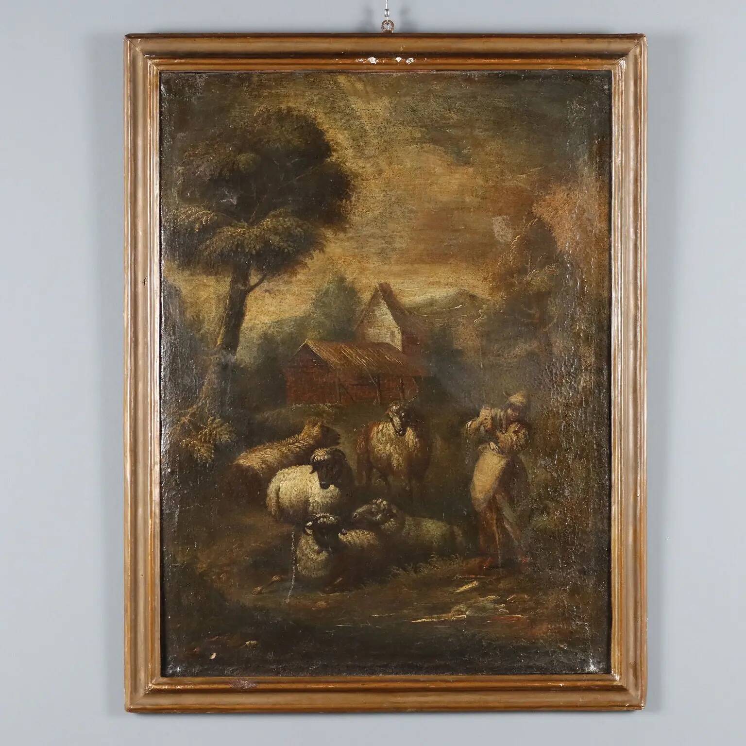 Landscape with shepherd and sheep, oil on canvas, 18th century.