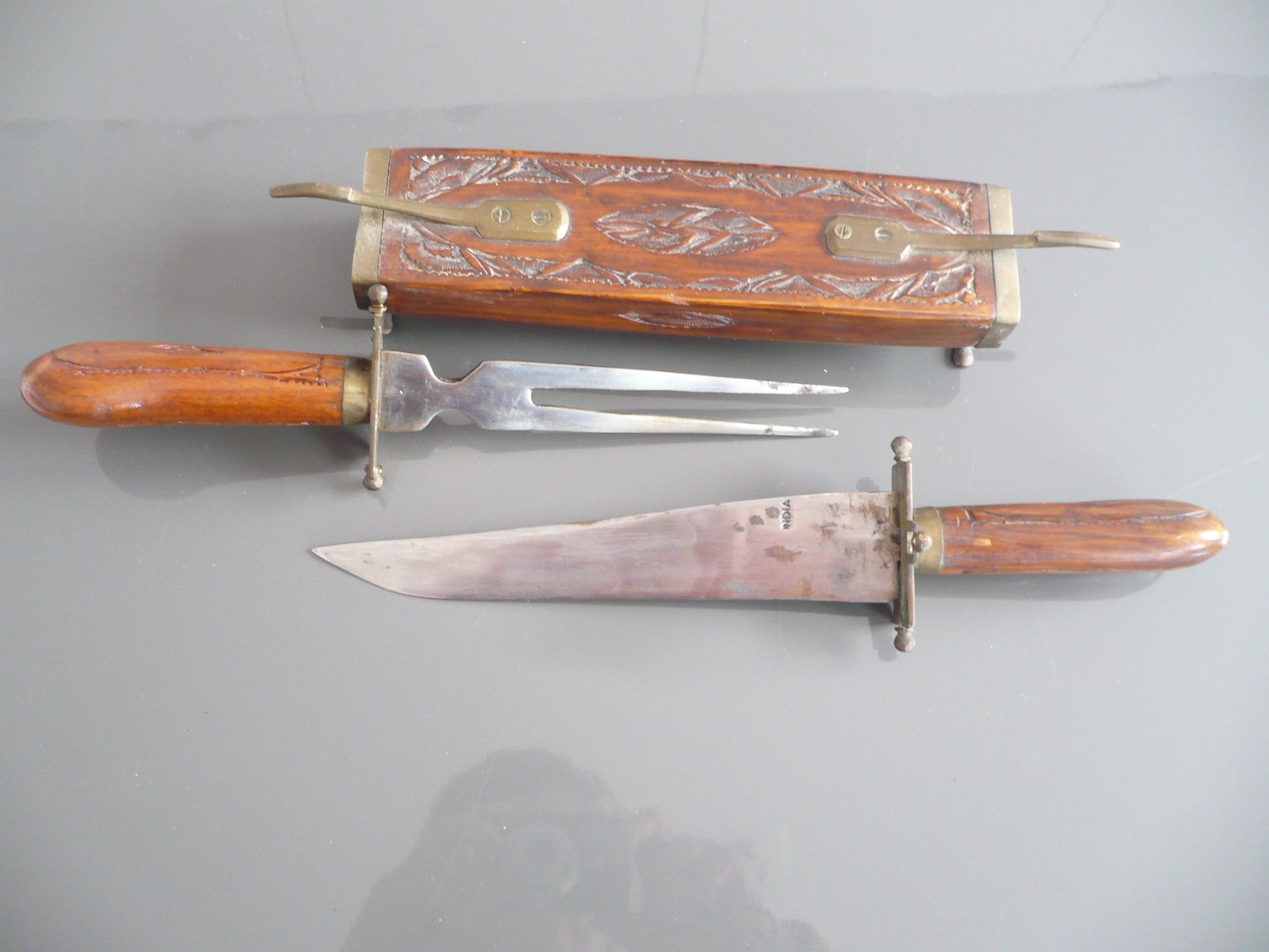 Carved kitchen knife and fork from India